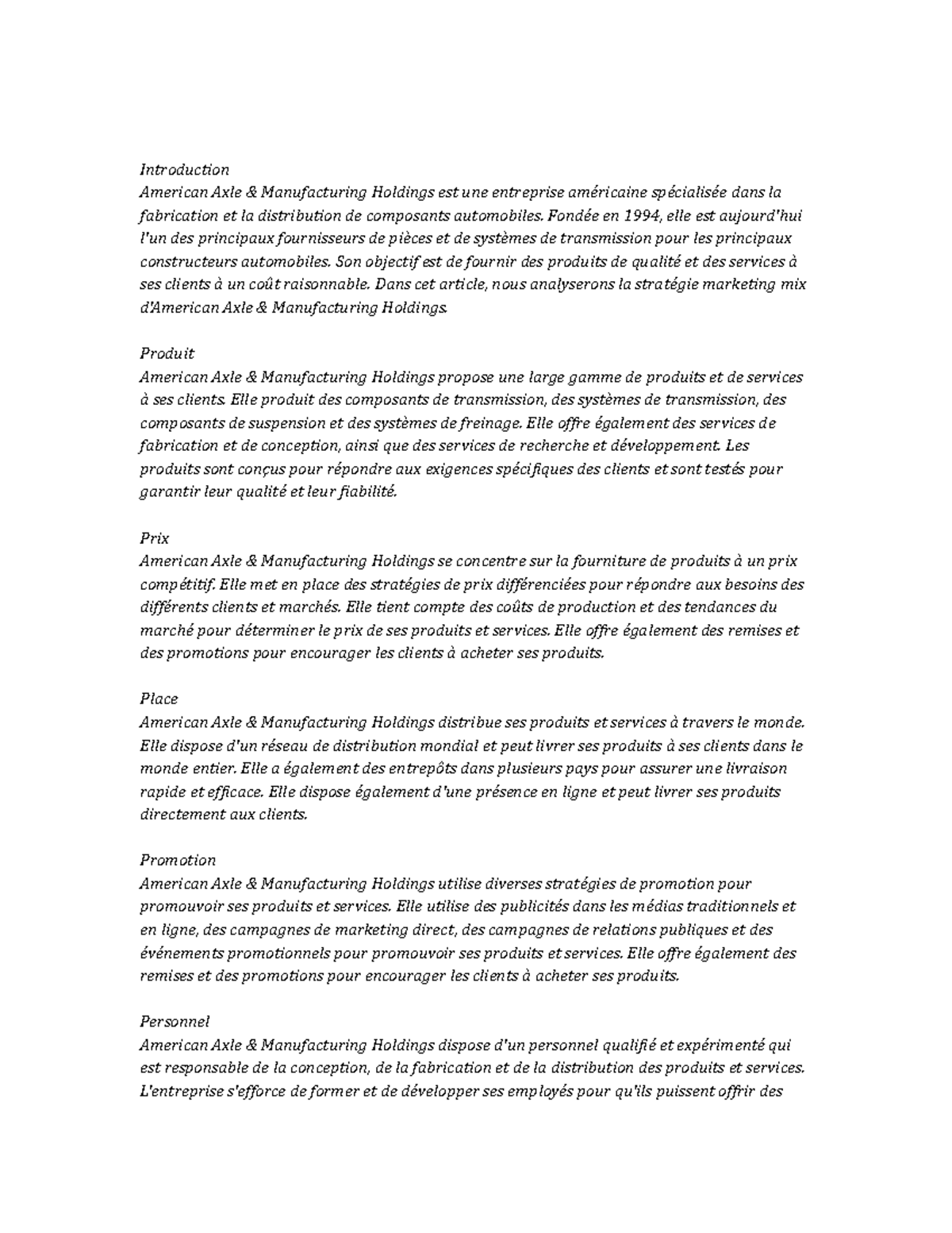 American Axle and Manufacturing Holdings marketing mix Introduction