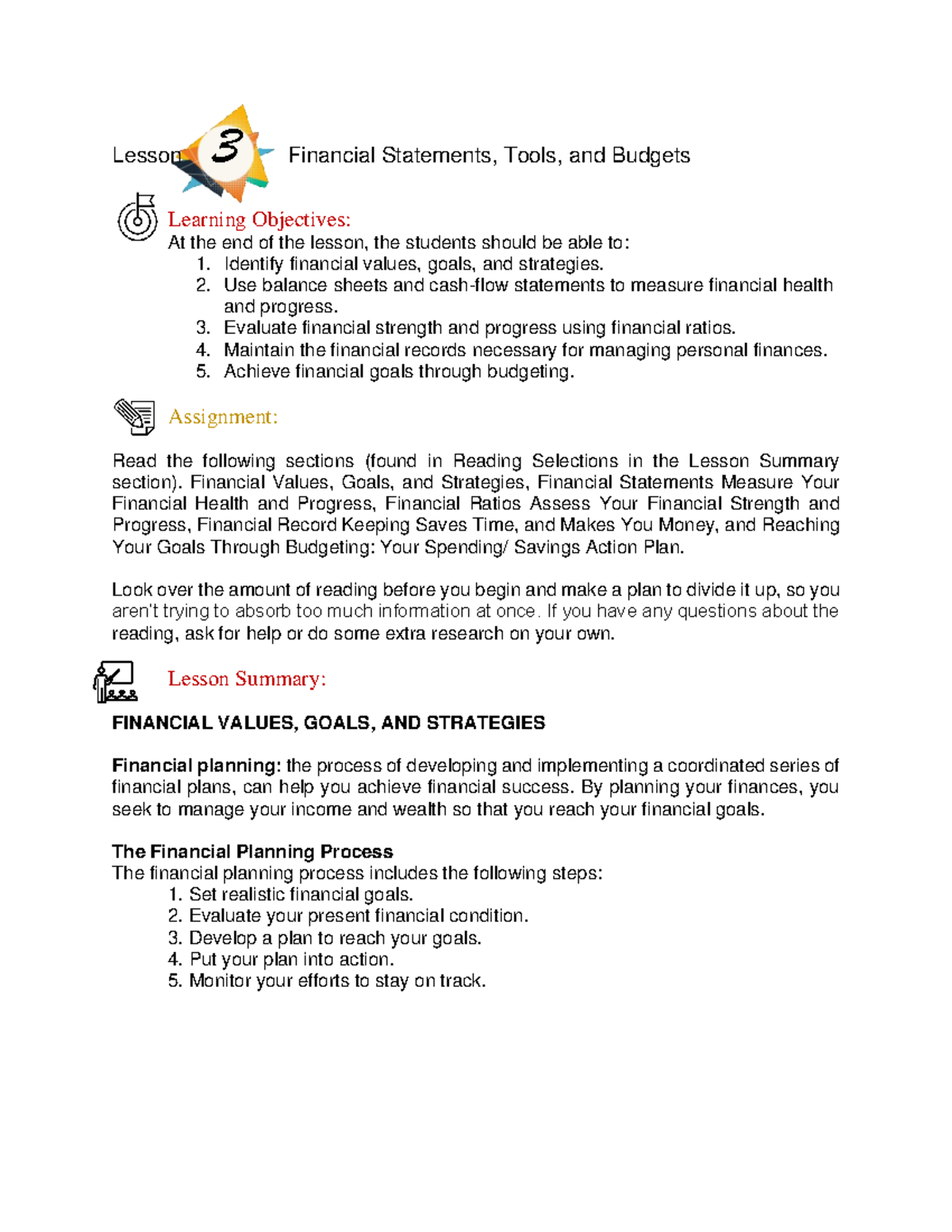 Lesson 3 Financial Statements, Tools, and Budgets - Identify financial ...