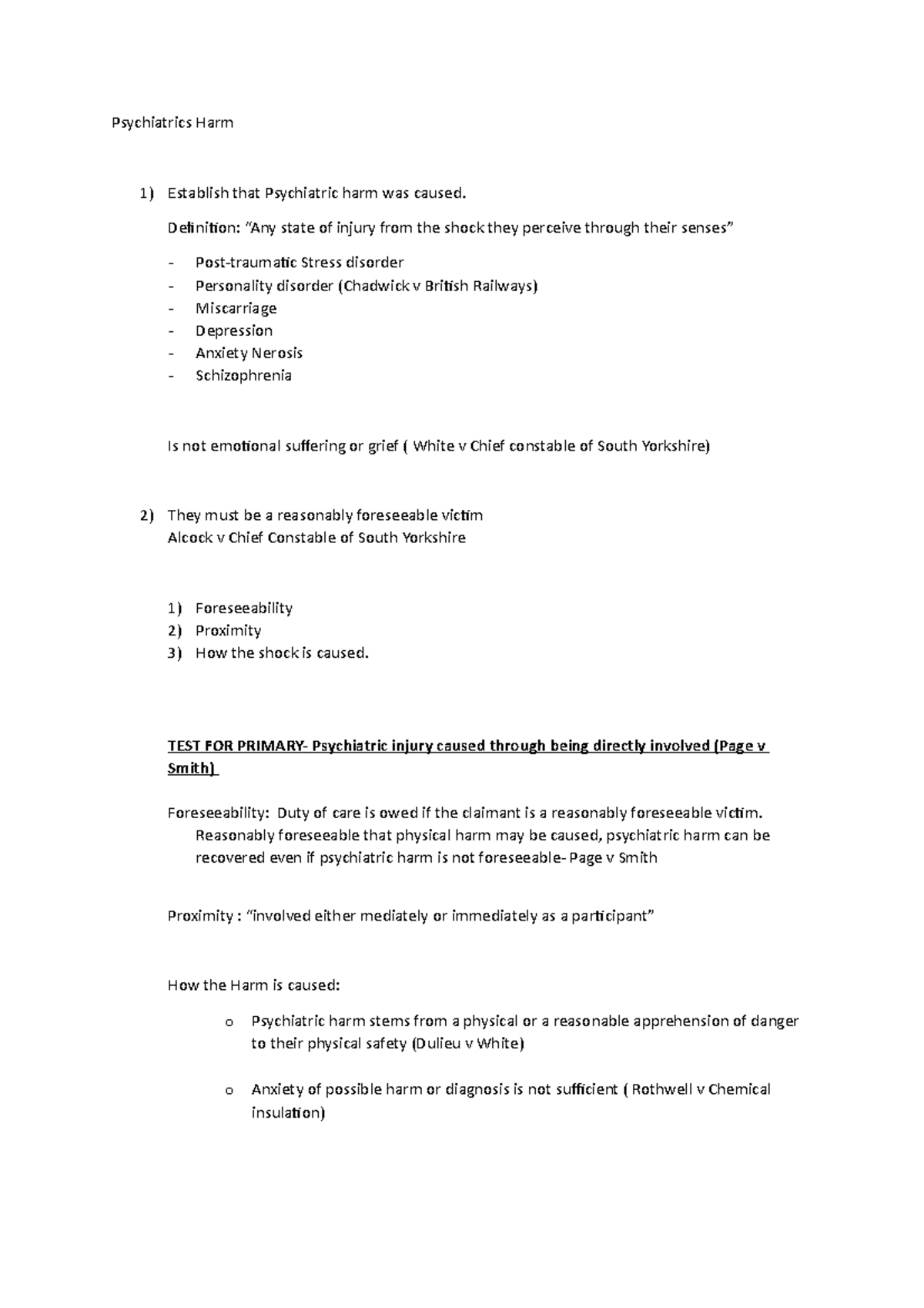 Revision Notes mark 2 Psychiatrics Harm Establish that Psychiatric harm was caused. Definition