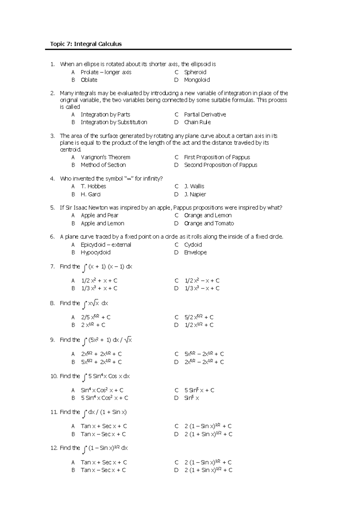 Integral Calculus Practice Problems - Topic 7: Integral Calculus When ...