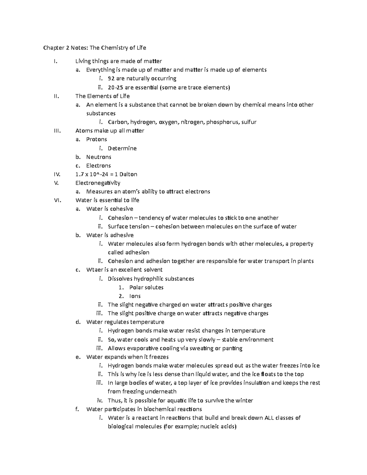 Ch. 2 Notes - anderson - Chapter 2 Notes: The Chemistry of Life I ...