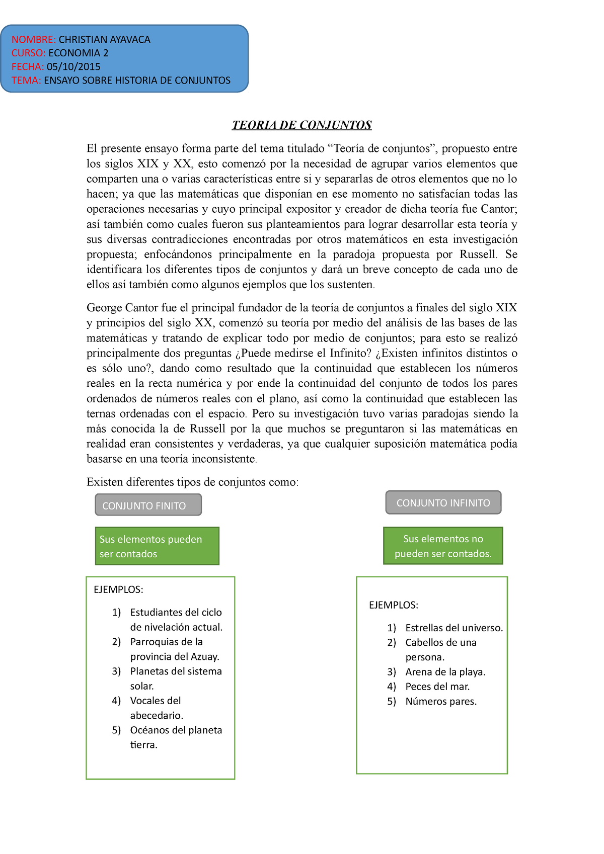 Ensayo- Teoria DE Conjuntos - TEORIA DE CONJUNTOS El Presente Ensayo ...