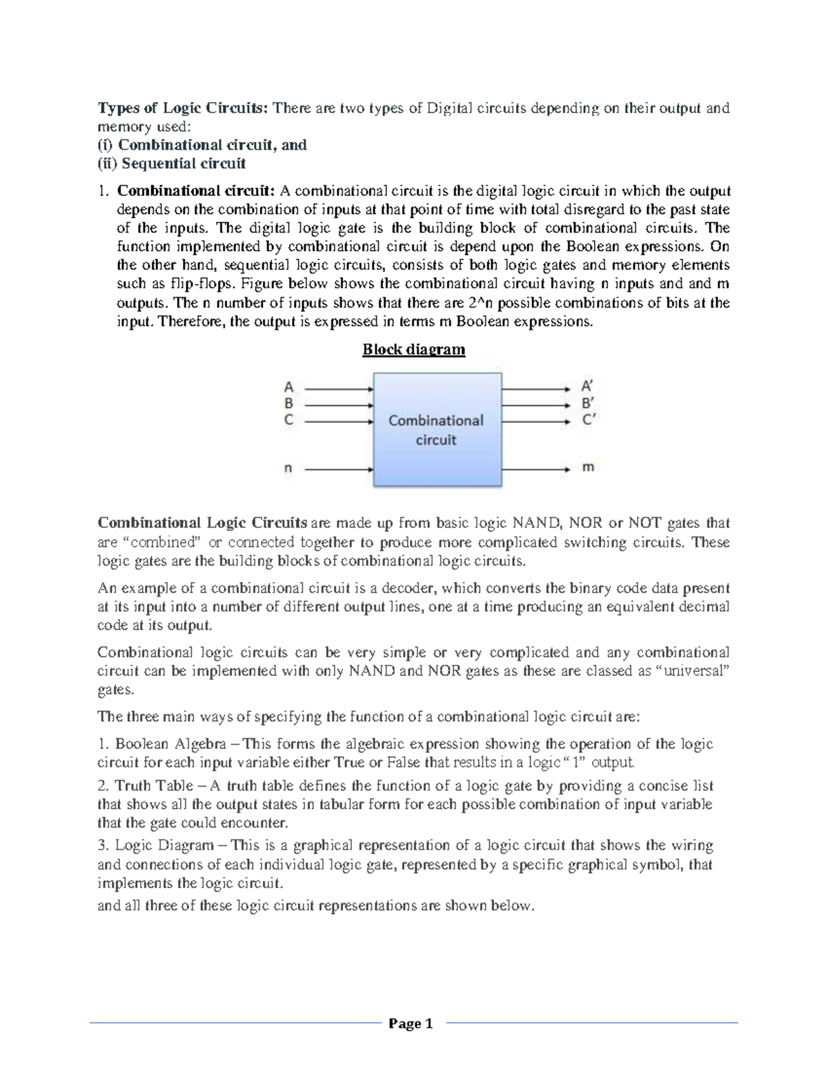 Combinational Circuits Notes - Types of Logic Circuits: There are two ...