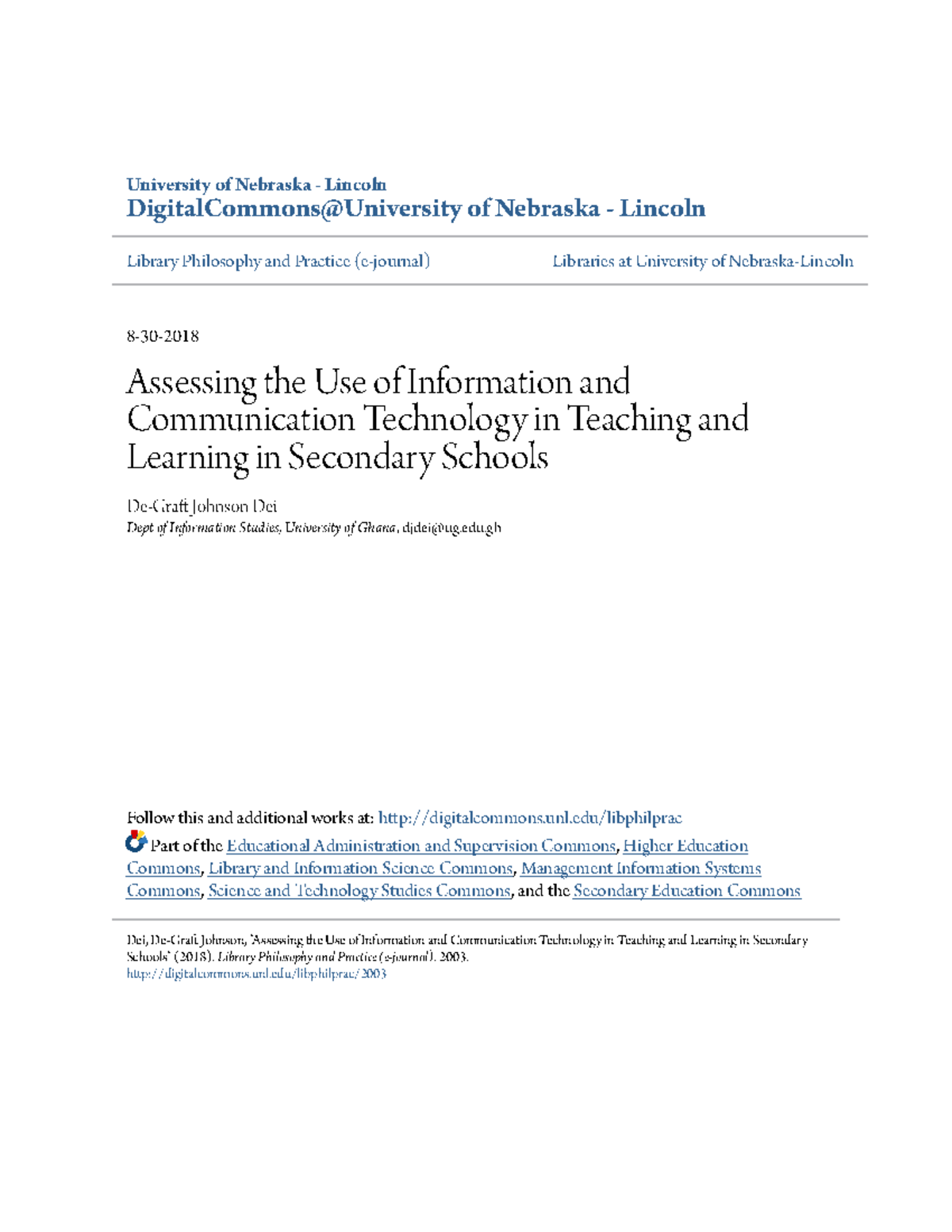 Assessing the Use of ICT in Teaching amd Learning - University of ...