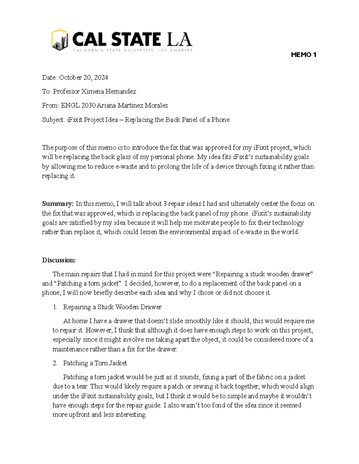 ENGL 2030 - Memo (i Fixit Project) - MEMO 1 Date: October 20, 2024 To ...
