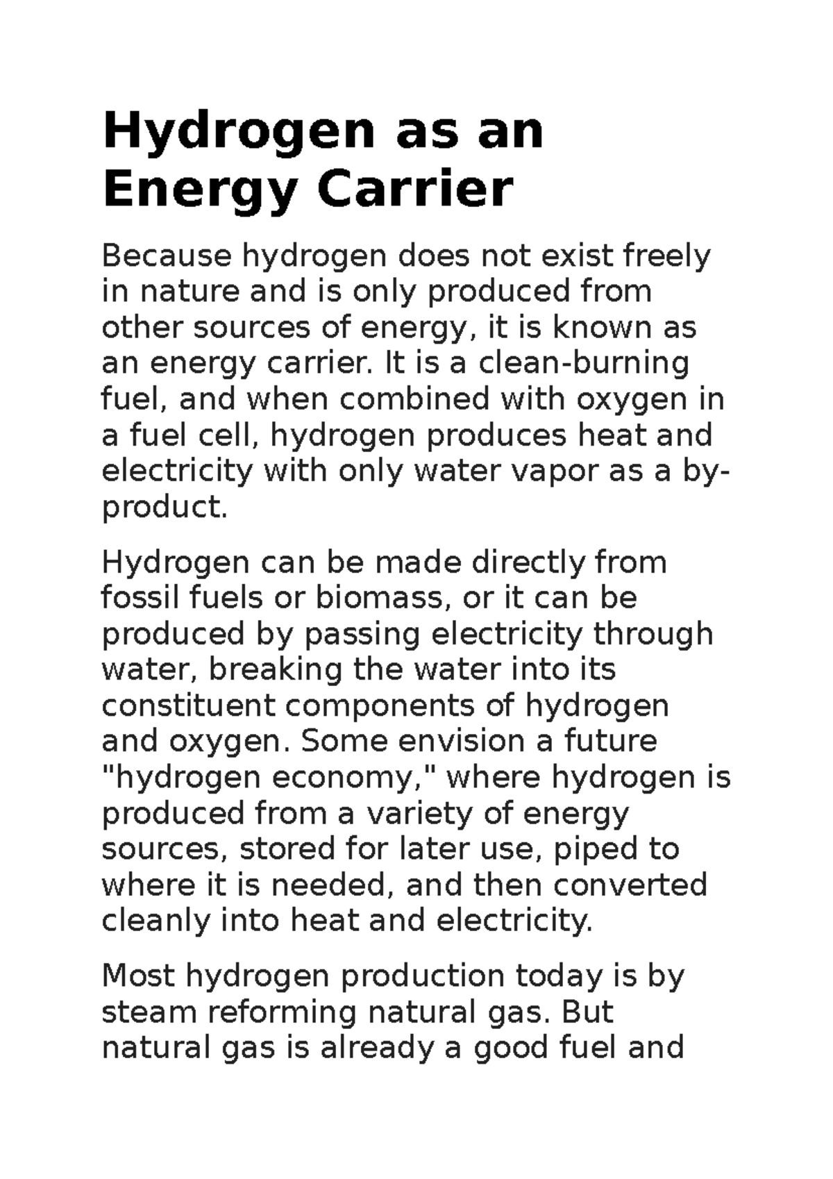 Hydrogen as an Energy Carrier - Hydrogen as an Energy Carrier Because ...