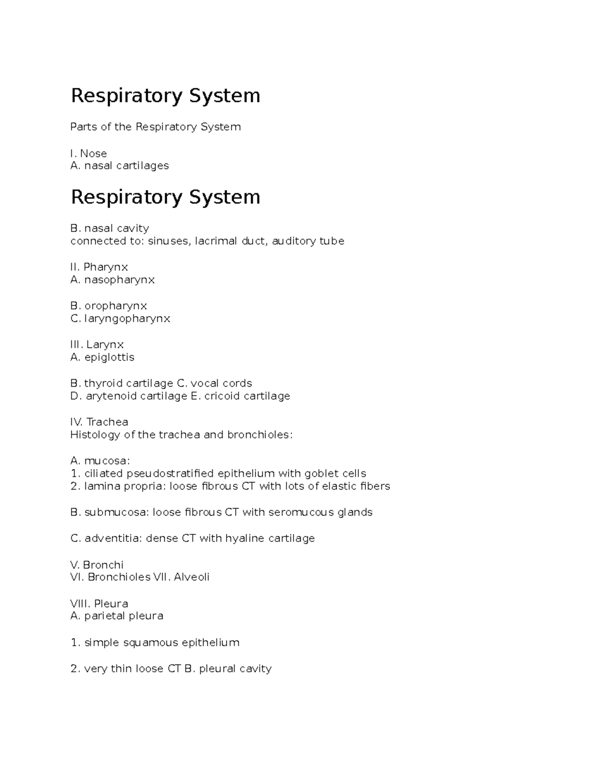 Respiratory System - notes - Respiratory System Parts of the ...