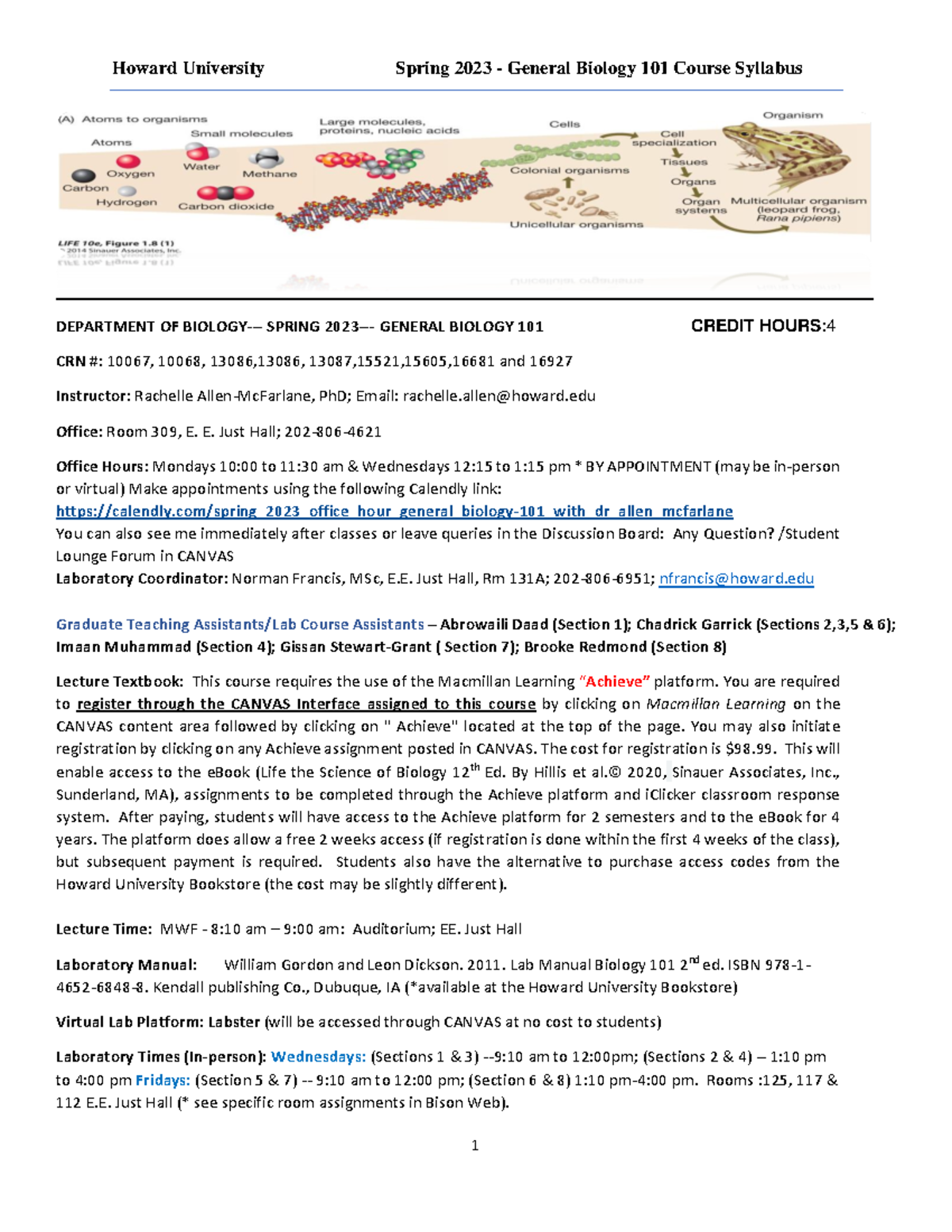 Spring 2023- General Biology 101- Syllabus-1 - DEPARTMENT OF BIOLOGY ...