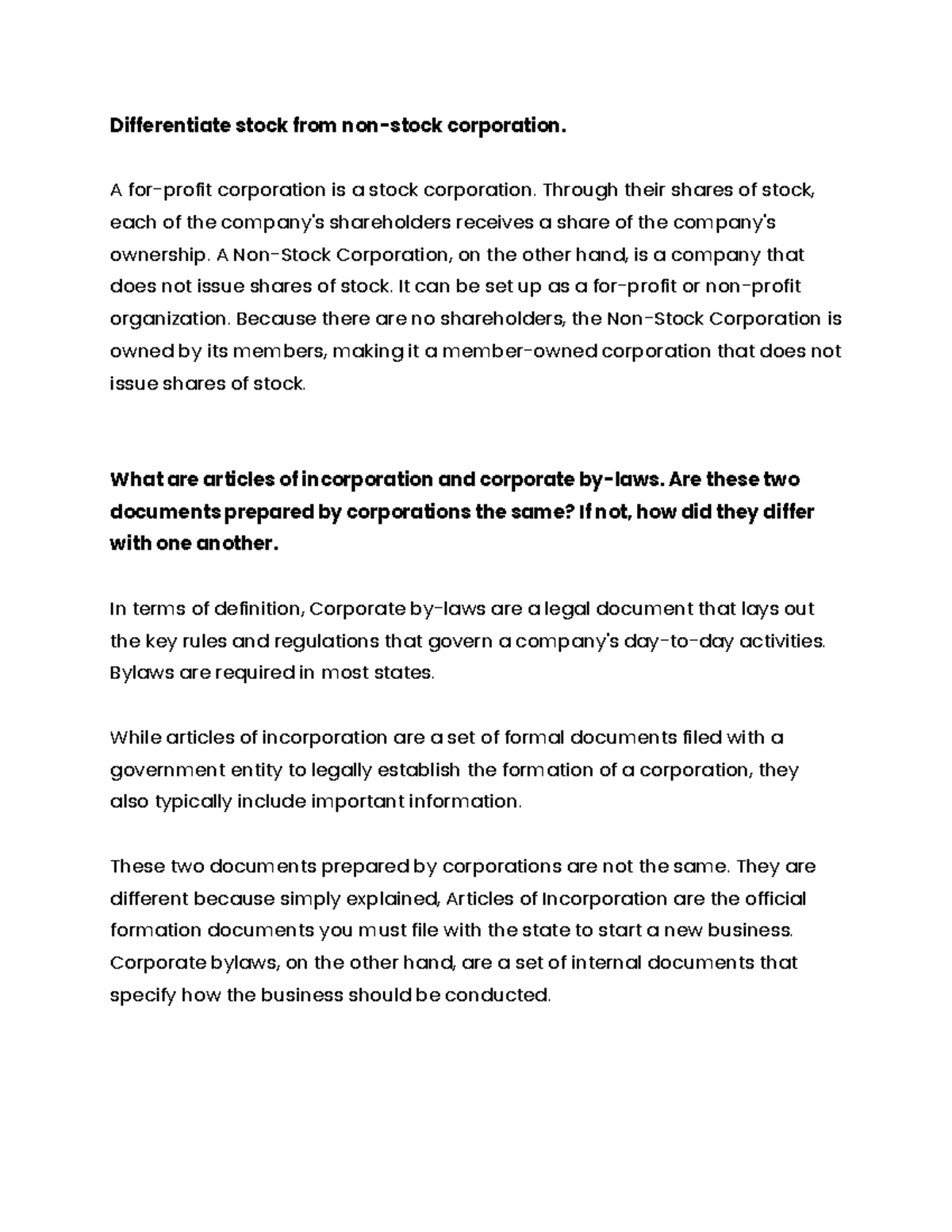 Differentiate stock from nonstock corporation A forprofit