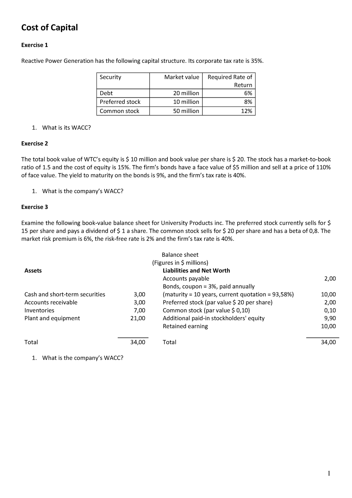 Cost Of Capital Exercises - 1 Cost Of Capital Exercise 1 Reactive Power ...