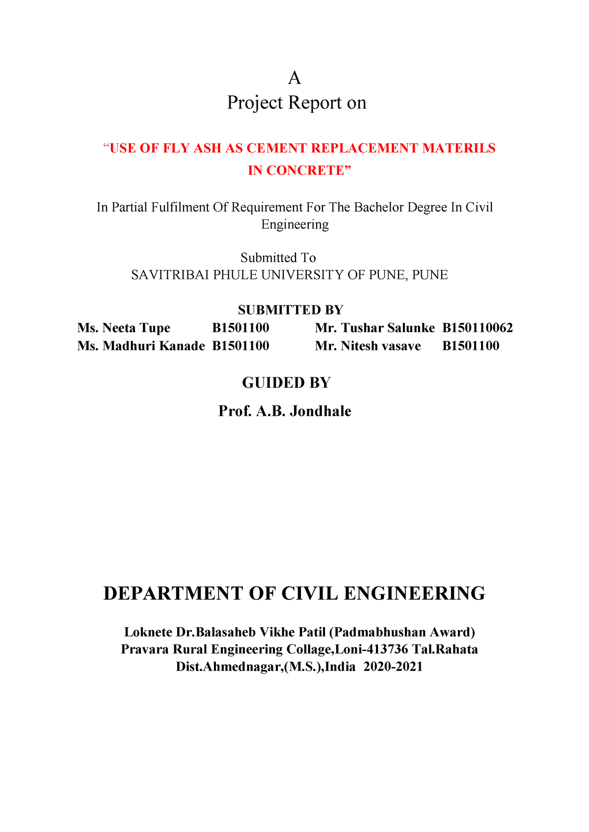 Black BOOK Record PPT 1 - fly ash - A Project Report on “USE OF FLY ASH ...