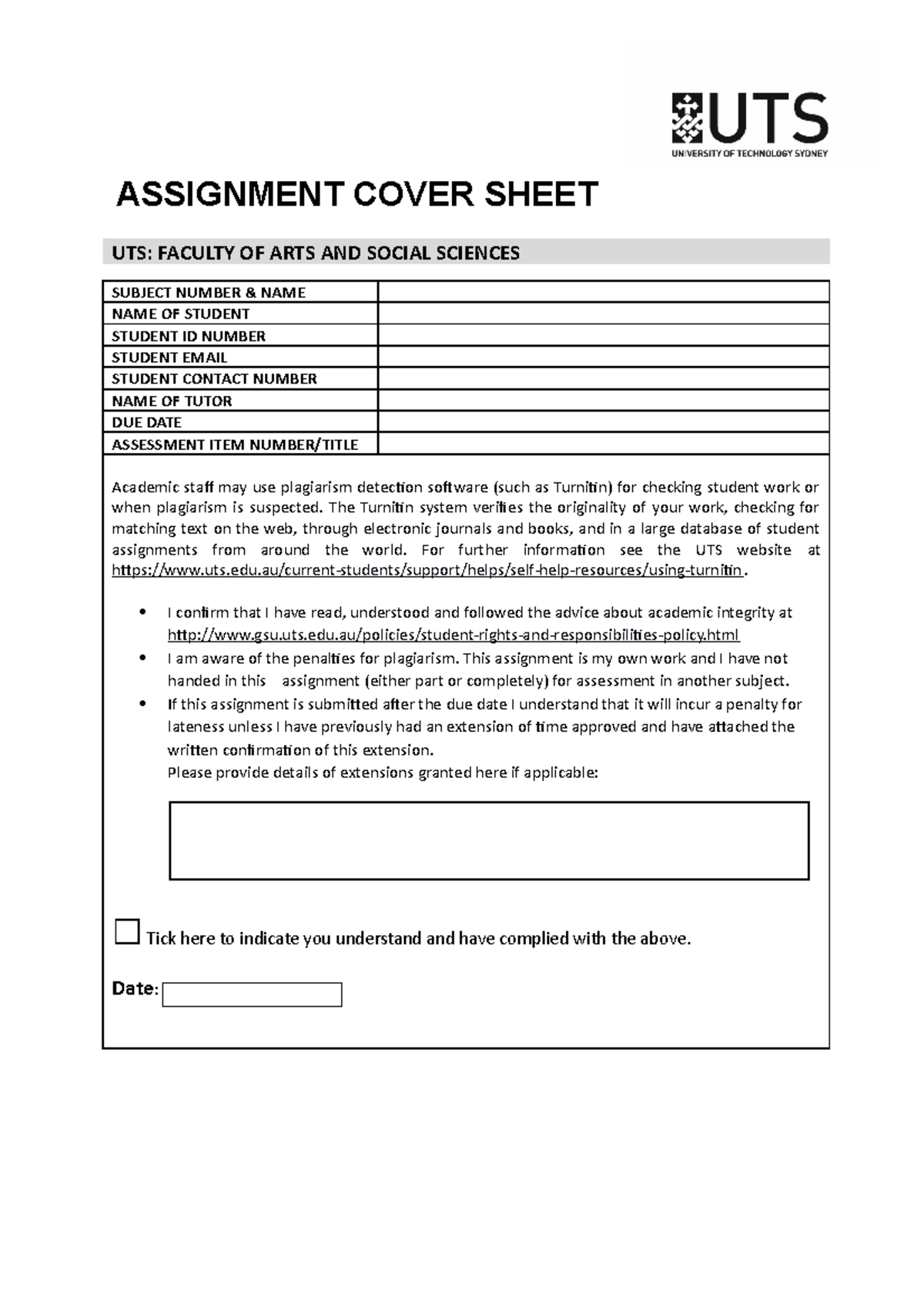 Fassassignmentcover ASSIGNMENT COVER SHEET UTS FACULTY OF ARTS AND