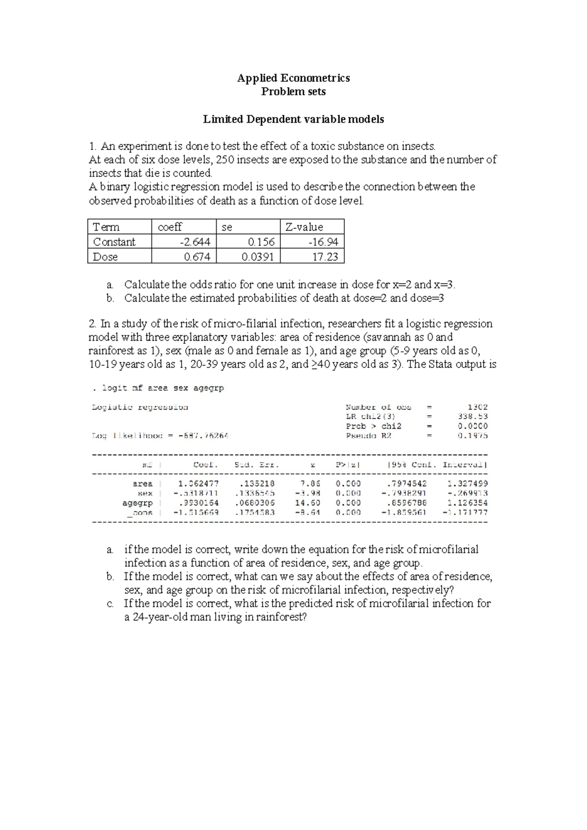 Tutorial - Problem Set On Applied Econometrics Including Logit Probit ...