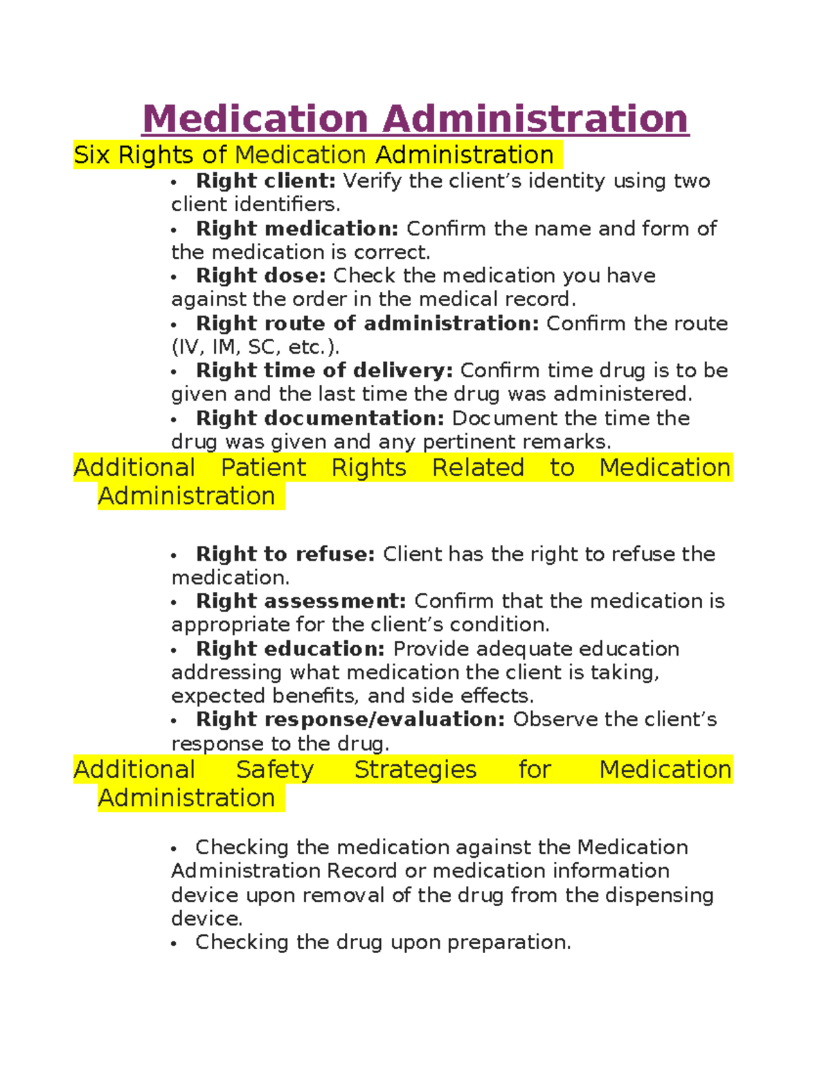 Test 3 120 - Basic fundamentals - Medication Administration Six Rights ...