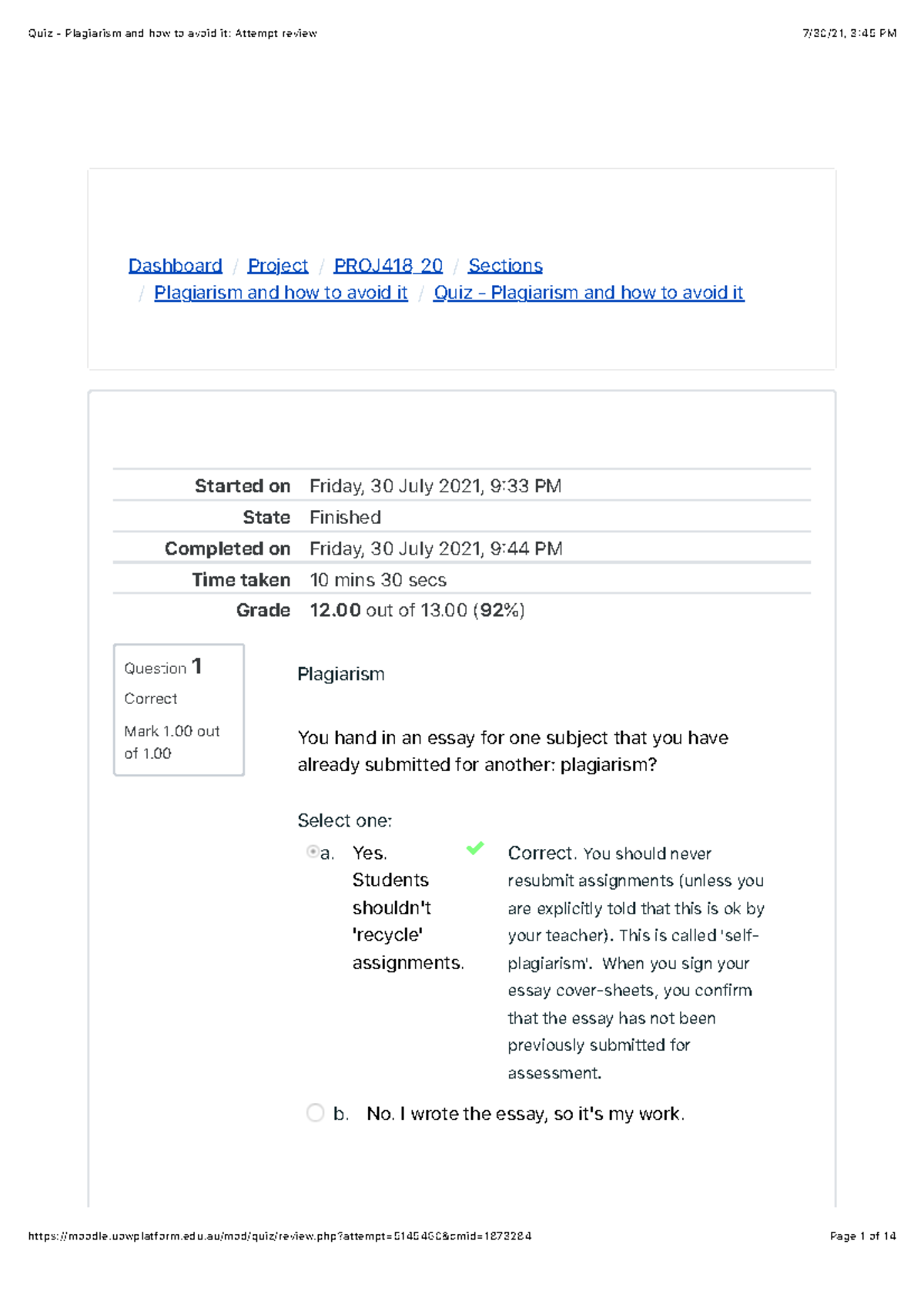 Quiz - Plagiarism and how to avoid it: Attempt review - Question 1 ...