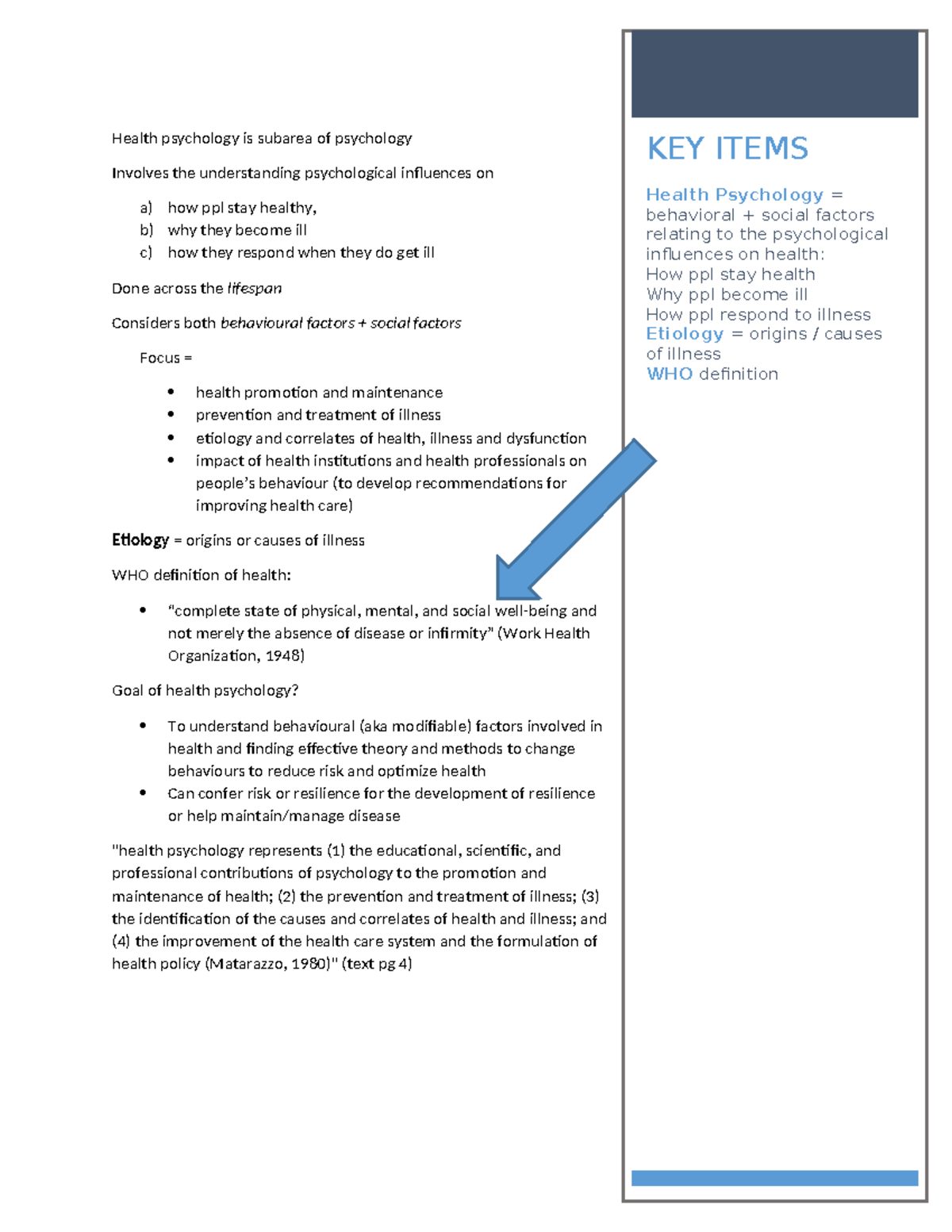 PSYC 2301 Summer 2022 Notes - Week 1 - Health psychology is subarea of ...