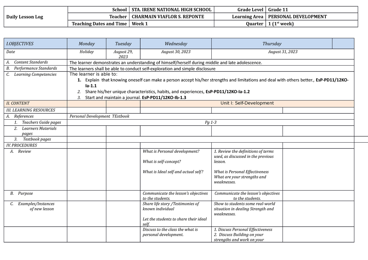 01 DLL Perdev - Daily lesson log - Daily Lesson Log School STA. IRENE ...