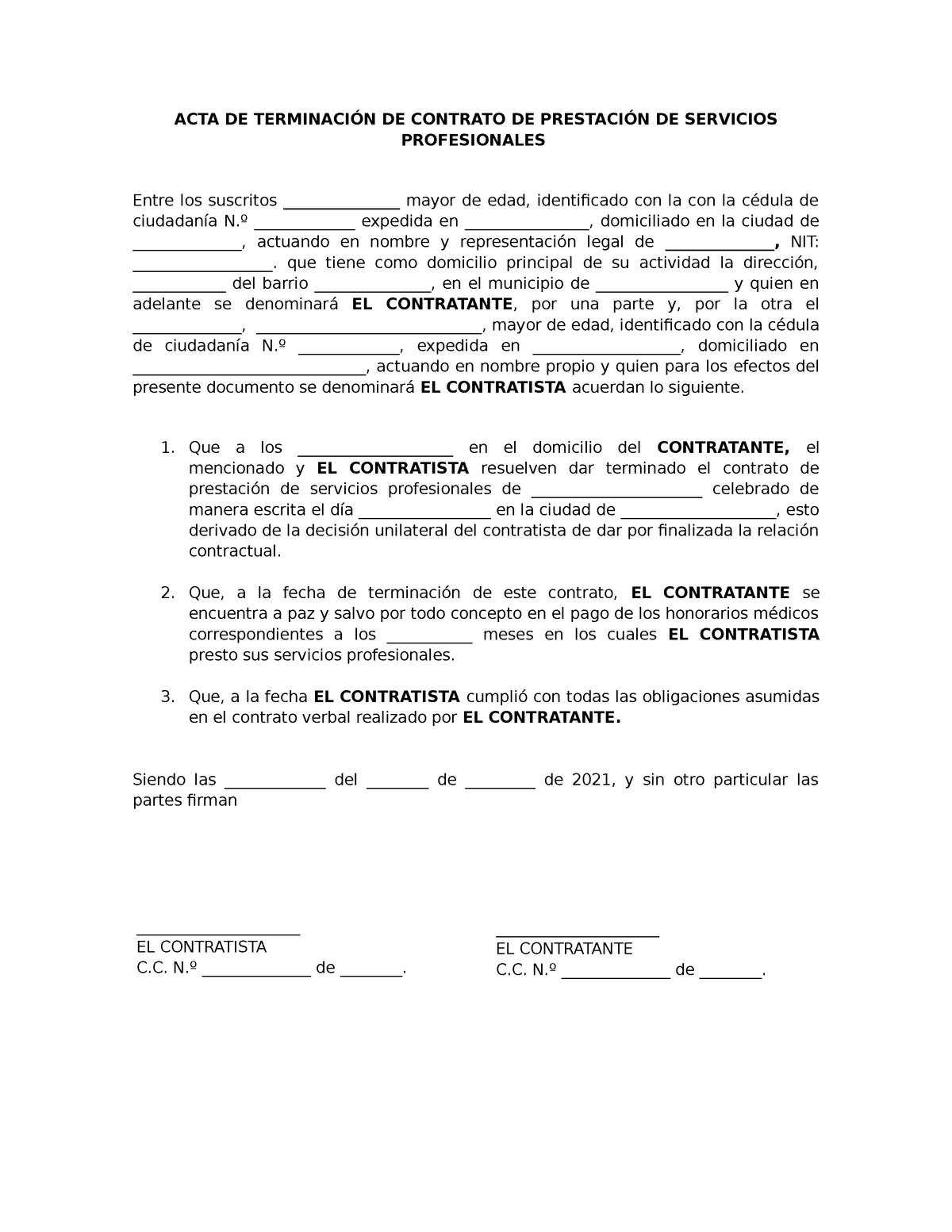 Acta de Terminación de Contrato de Prestación de Servicios Profesionales -  ACTA DE TERMINACIÓN DE - Studocu