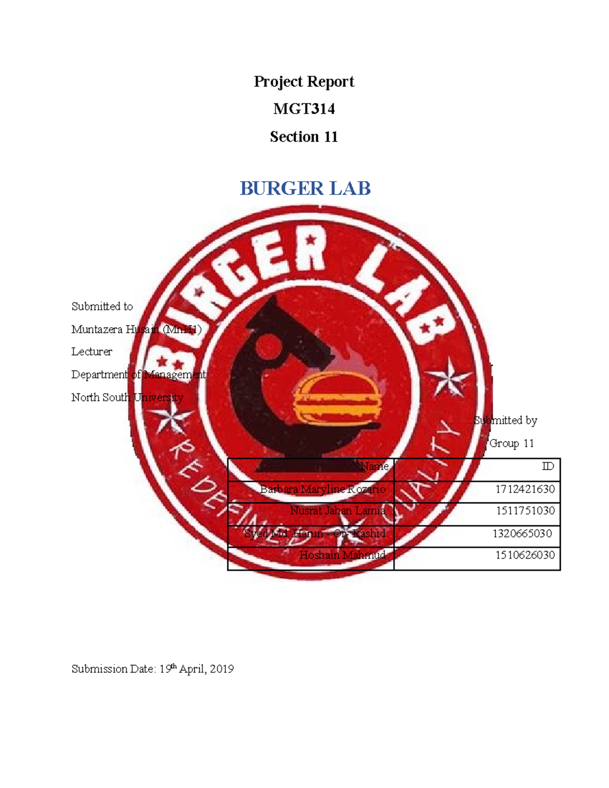 MGT314 Burger Lab project Project Report MGT Section 11 BURGER LAB