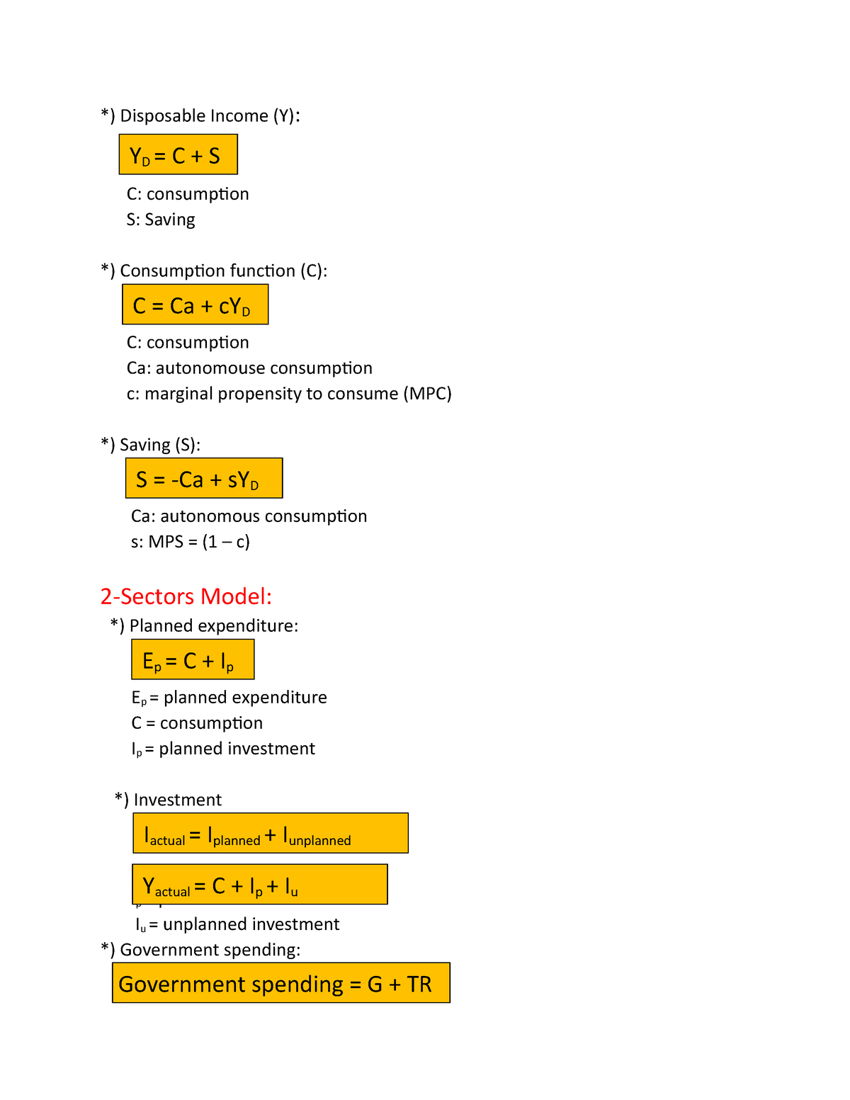 Macroeconomic Econ1042 Formulas Sheet Disposable Income Y C 8839