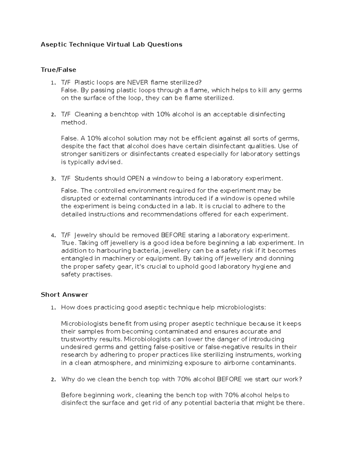 Aseptic Technique (part 1) Virtual Lab Questions Environmental