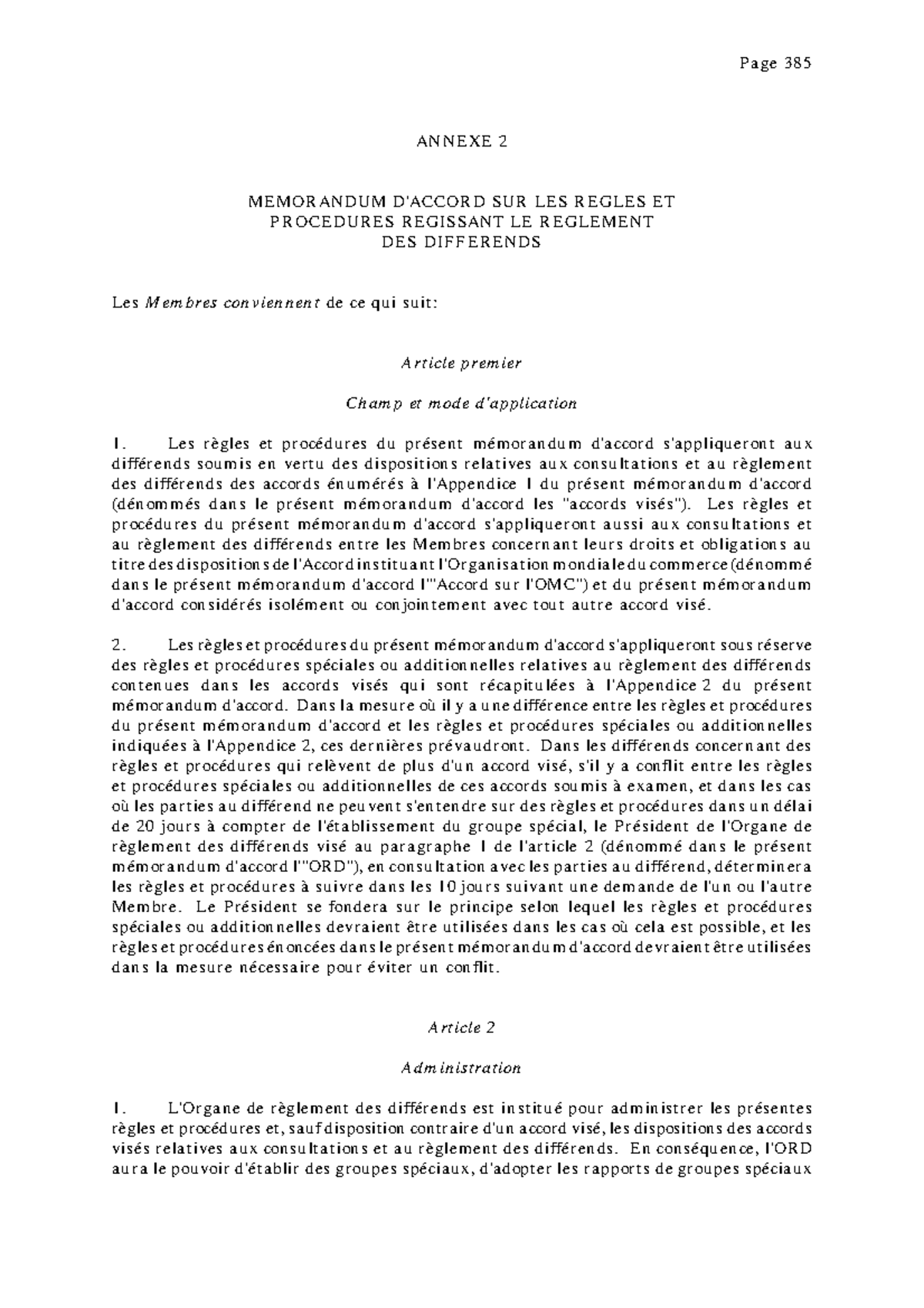 Memoradum d'accord OMC ANNEXE 2 MEMORANDUM D'ACCORD SUR LES REGLES ET