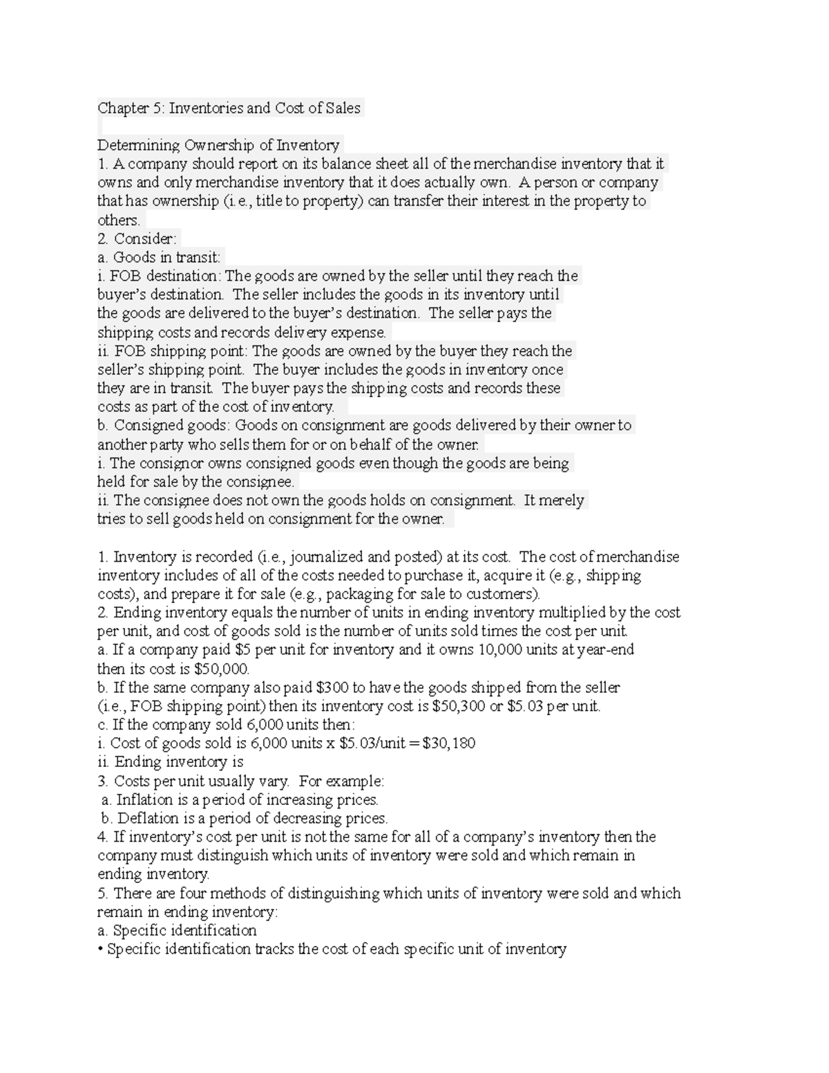 Chapter 5 Notes On Inventories And Cost Of Sales Chapter 5