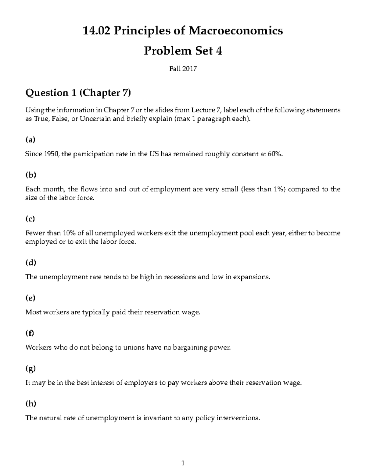 Problem Set 4 Questions - 14 Principles Of Macroeconomics Problem Set 4 ...