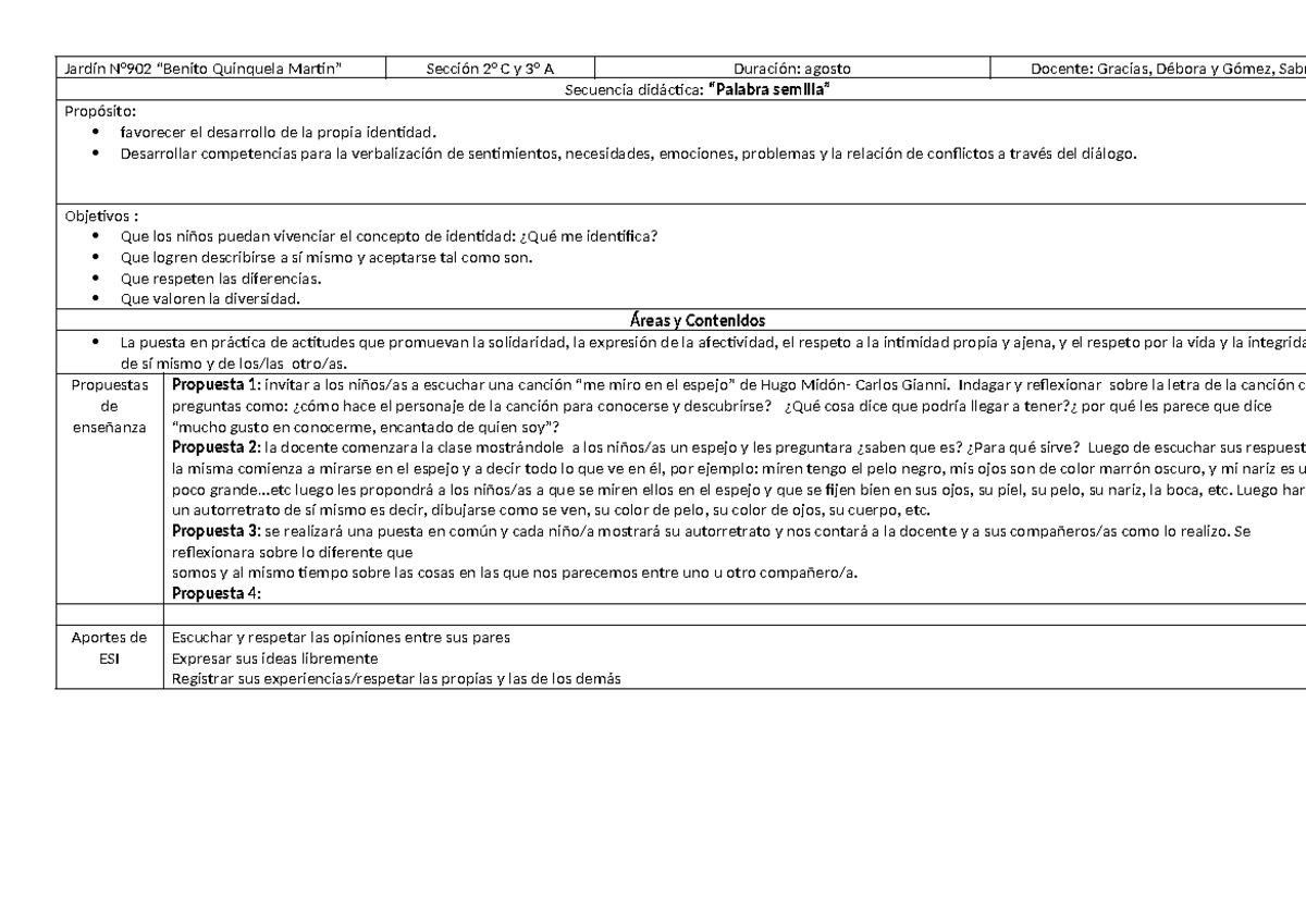 Secuencia Esi 2023 Jardín N°902 “benito Quinquela Martin” Sección 2° C Y 3° A Duración Agosto 4231