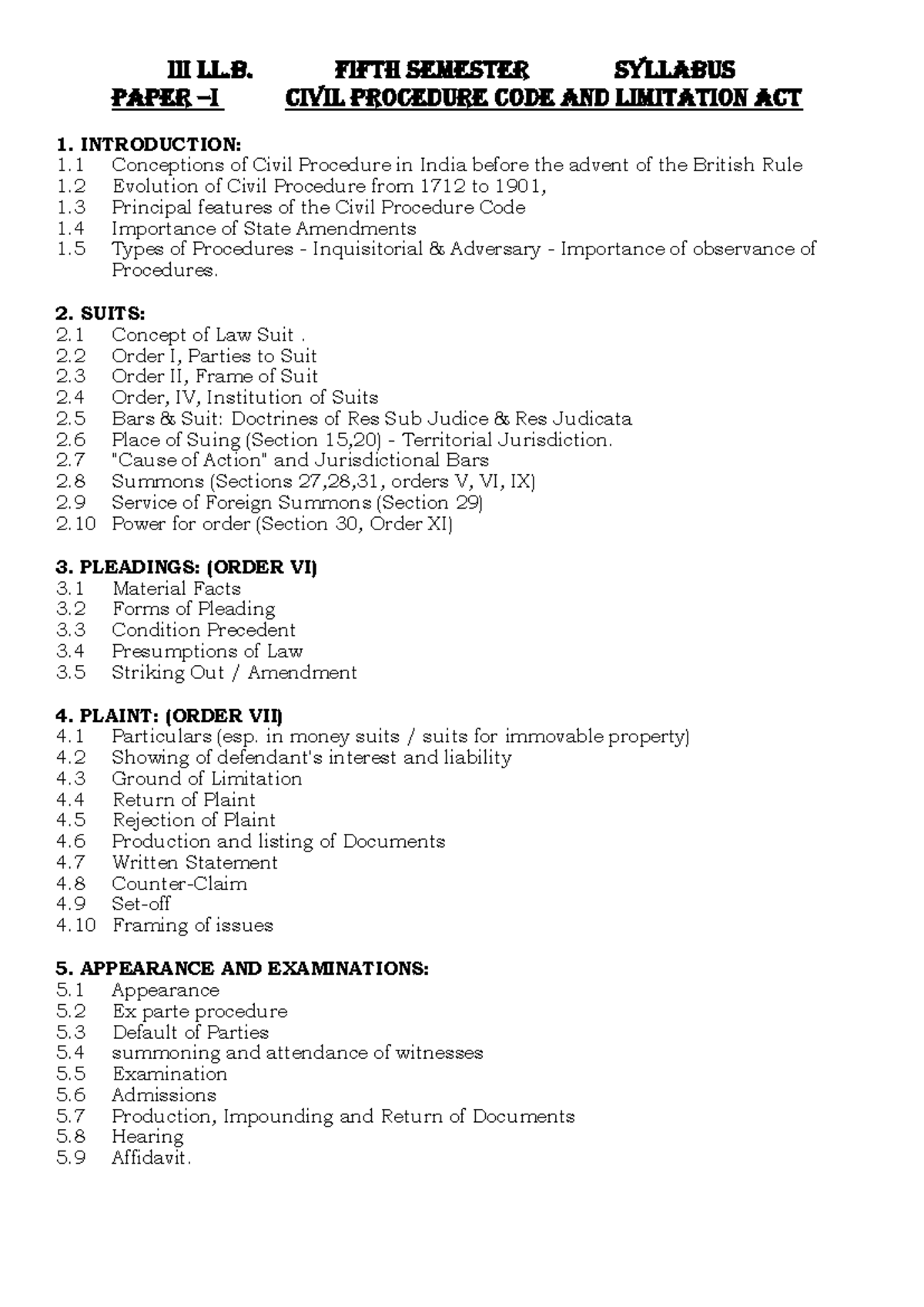 Paper - I C.P.C. AND Limitation ACT - III LL. FIFTH SEMESTER syllabus ...
