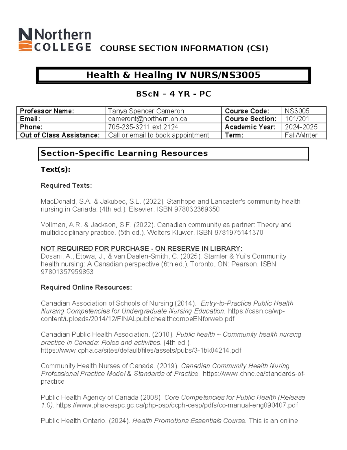 F24-W25 CSI NS3005 - ... - COURSE SECTION INFORMATION (CSI) Health ...