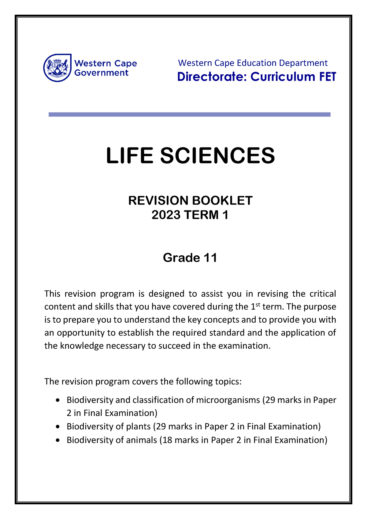 Grade 11 Life Sciences Revision Material Term 1 2023 - Western Cape ...