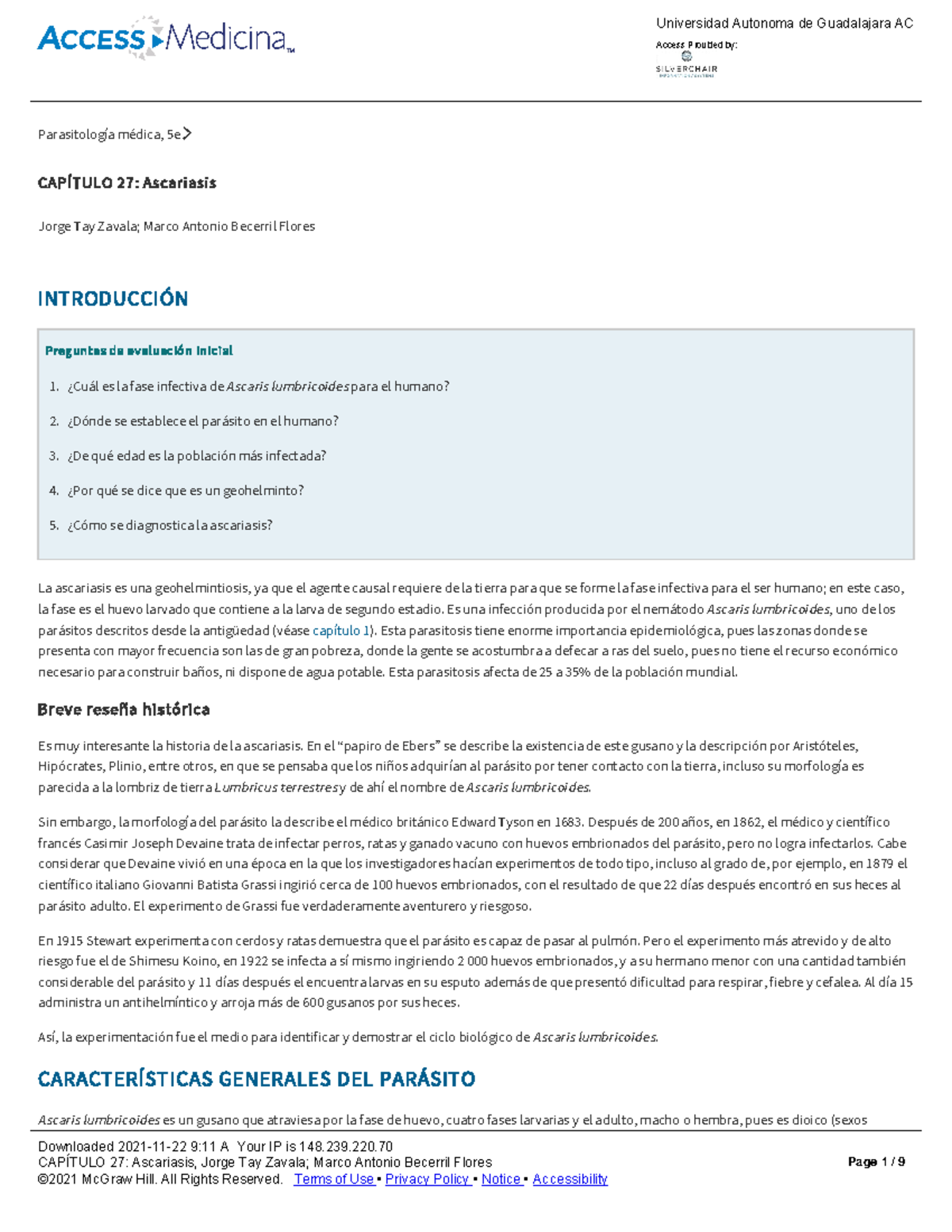 Capítulo 27 Ascariasis Parasitología Médica 5e CapÍtulo 27 Ascariasis Jorge Tay Zavala 5115