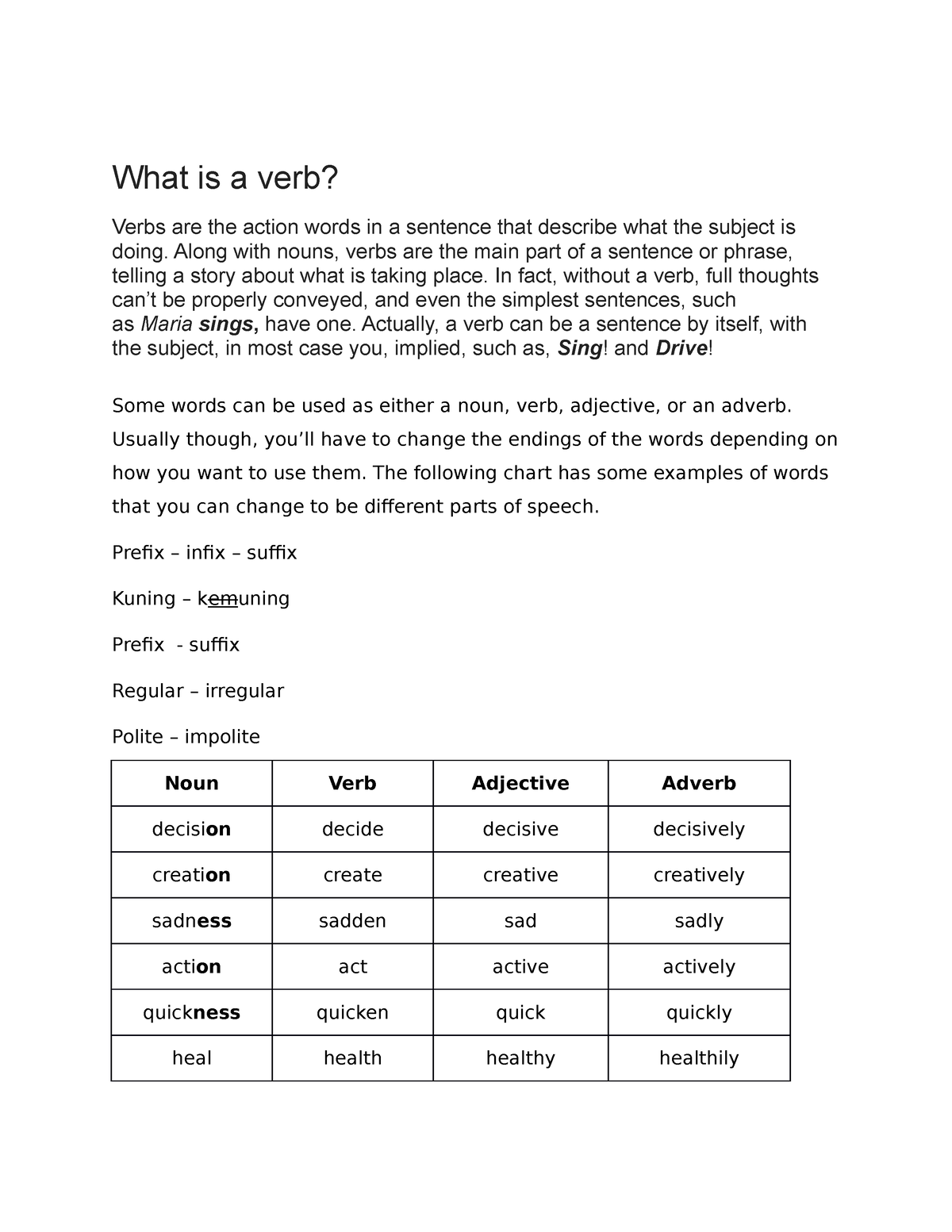 Materials 5 Parts Of Speech What Is A Verb Verbs Are The Action 