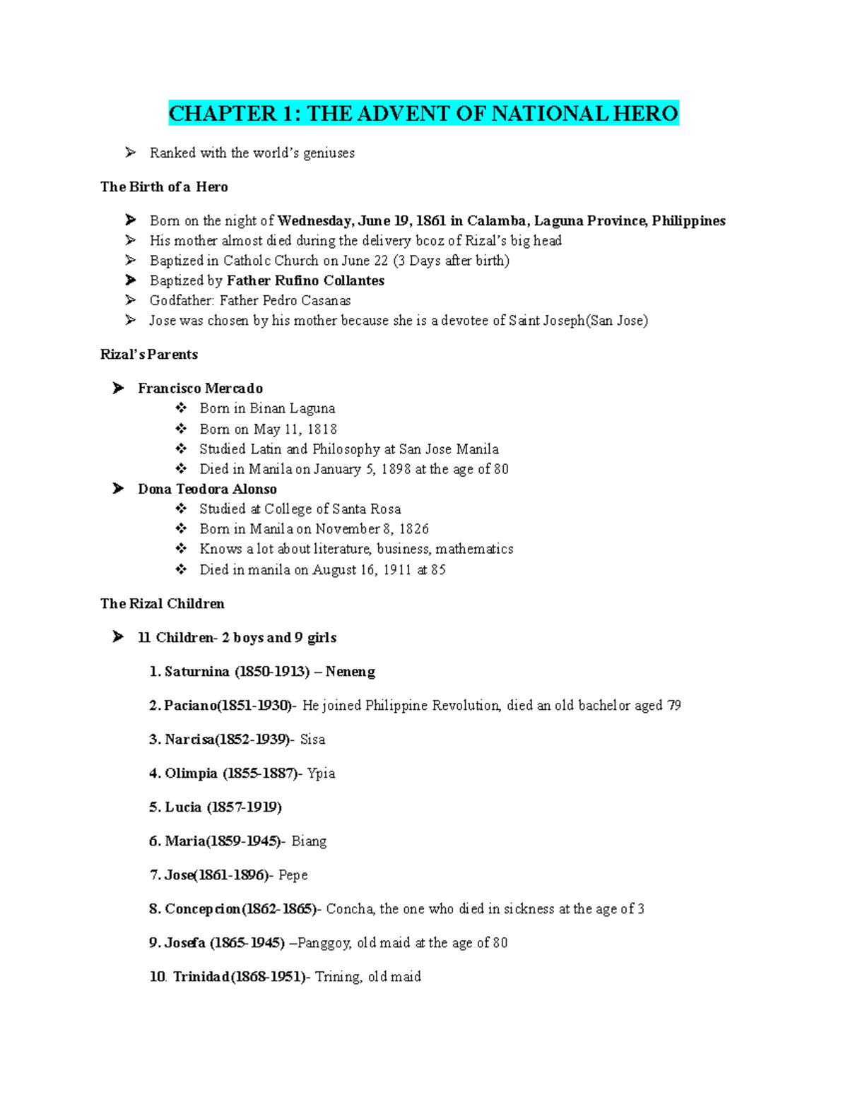 Rizal Writings Summary Chapter 1-4 - CHAPTER 1: THE ADVENT OF NATIONAL ...