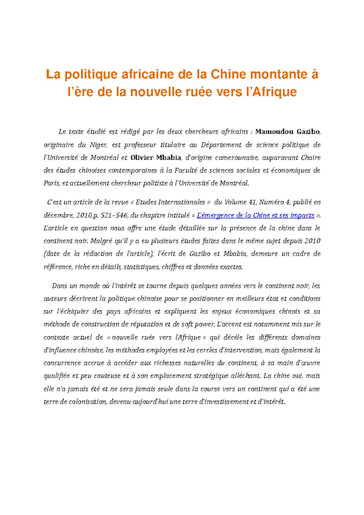 Mamoudou Gazibo Introduction à La Politique Africaine La politique africaine de la Chine montante - C'est un article de la revue  « Etudes Internationales - Studocu