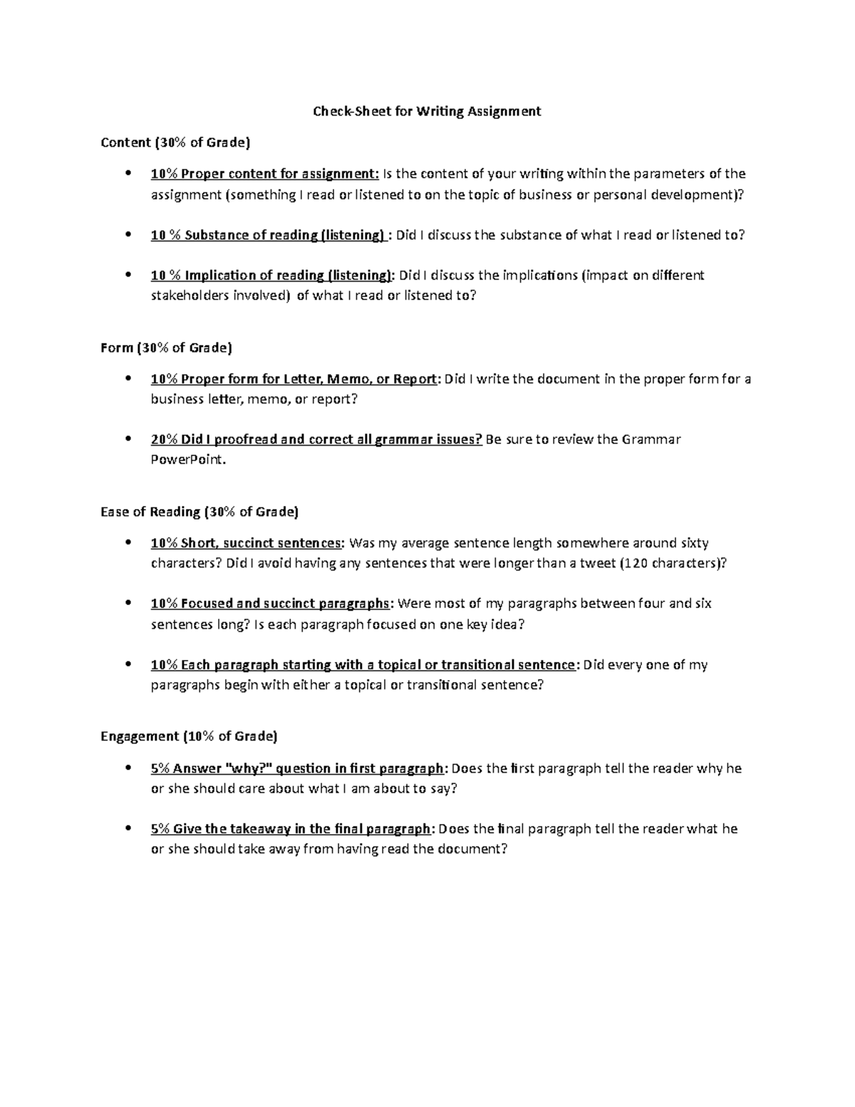 Writing Assignment Check List CheckSheet for Writing Assignment