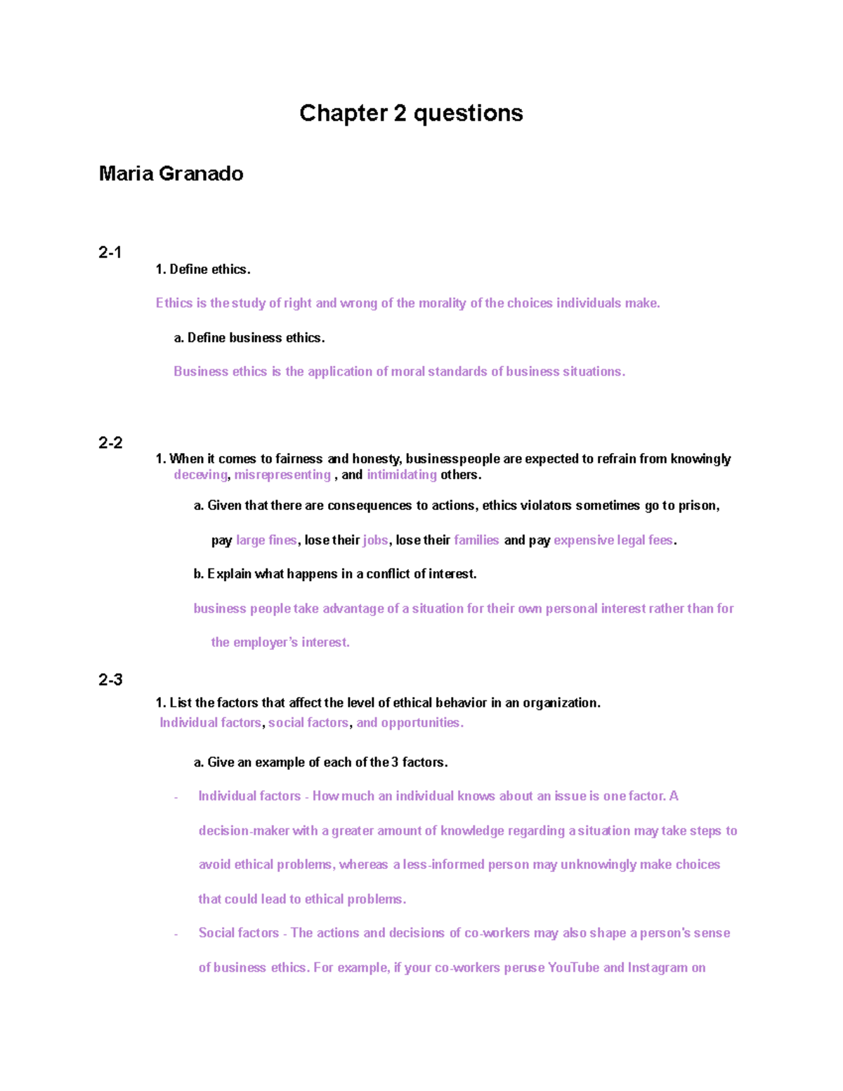 Chapter 2 Questions - Business - Chapter 2 Questions Maria Granado 2-1 ...