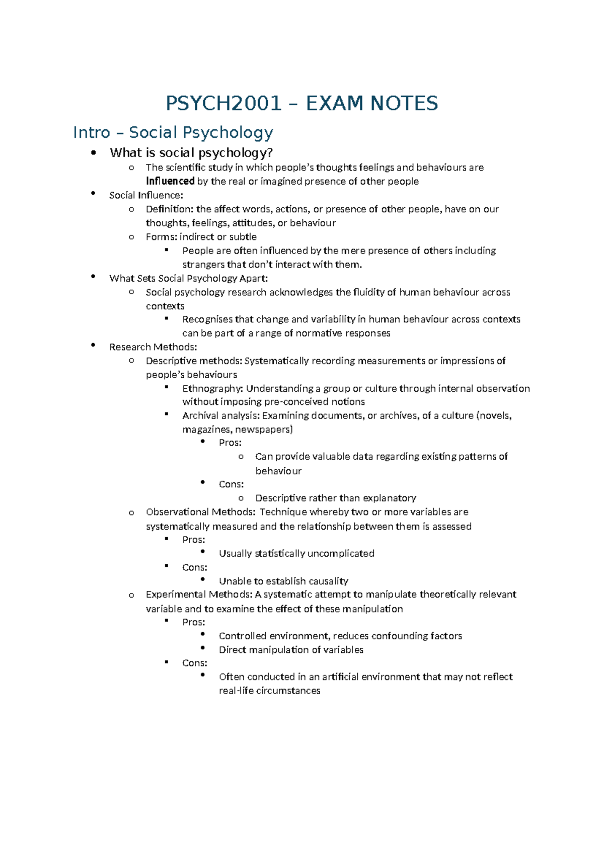 Psych 2001 Exam Notes - PSYCH2001 – EXAM NOTES Intro – Social ...