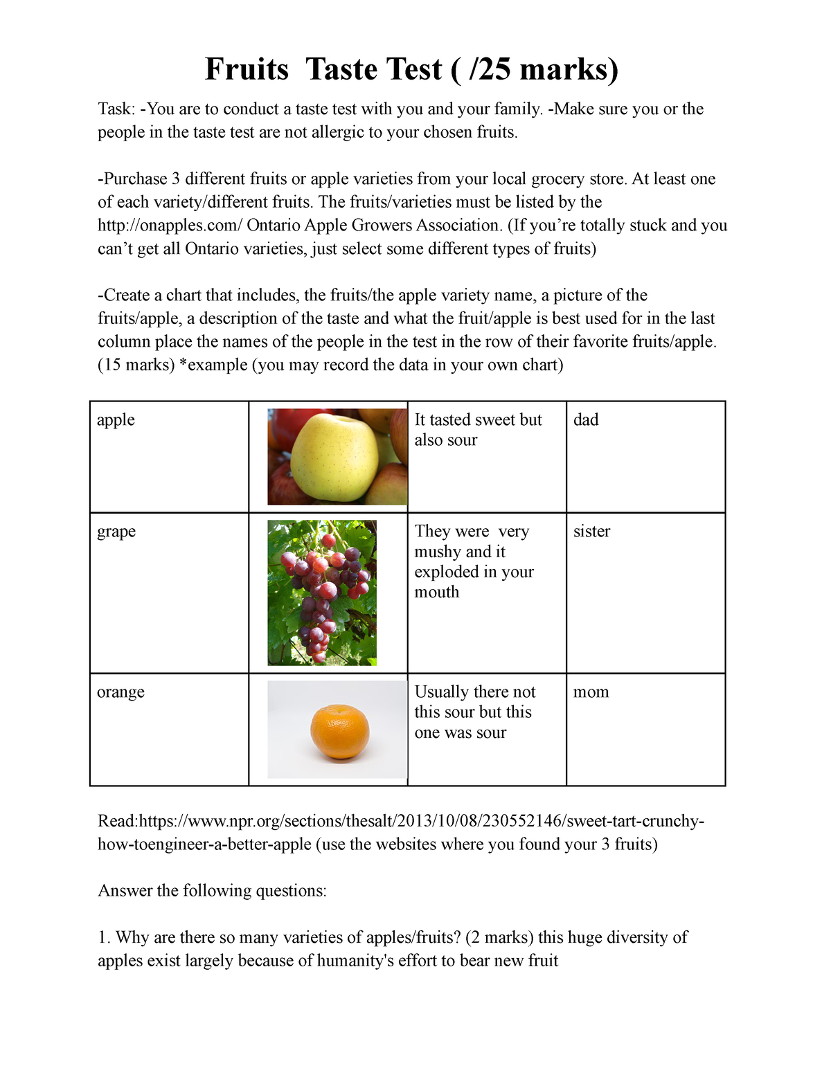 THJ1-2 Fruits taste Test (2) - Fruits Taste Test ( /25 marks) Task 