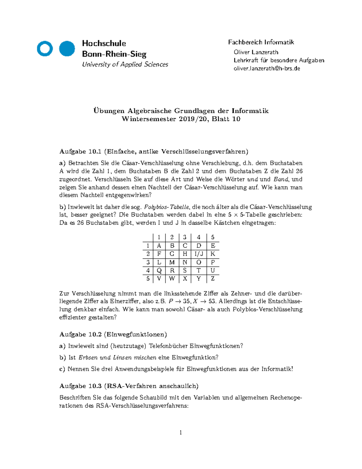 Uebung 10 - Klausurrelevant - Hochschule Fachbereich Informatik Bonn-Rhein-Sieg Oliver Lanzerath ...