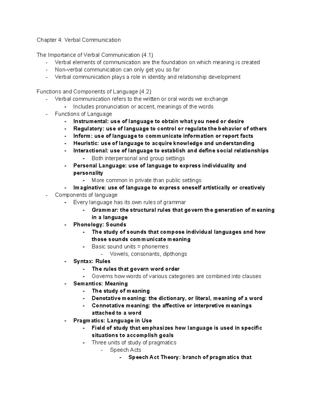 Com Chapter 4 Notes - Chapter 4: Verbal Communication The Importance of ...