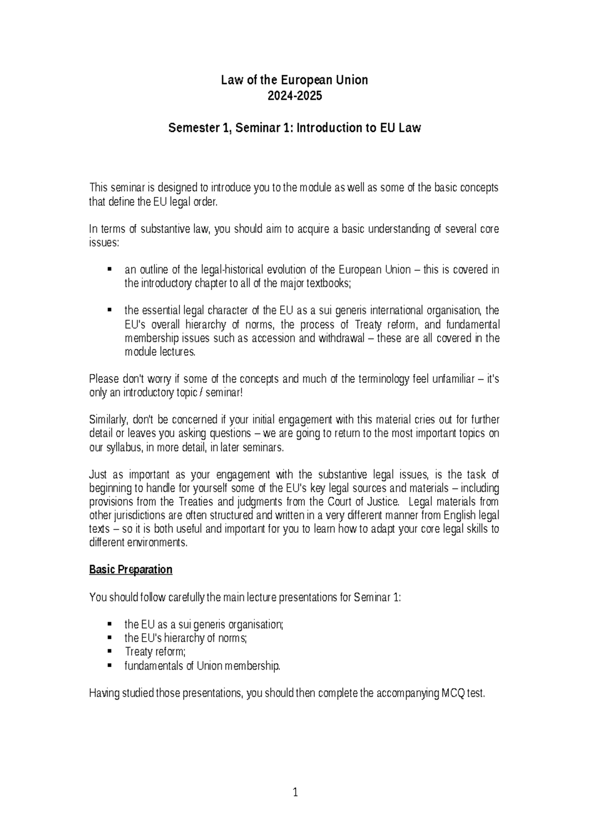 EU 24-25 Seminar 1 Preparation Guide Final - Law of the European Union ...