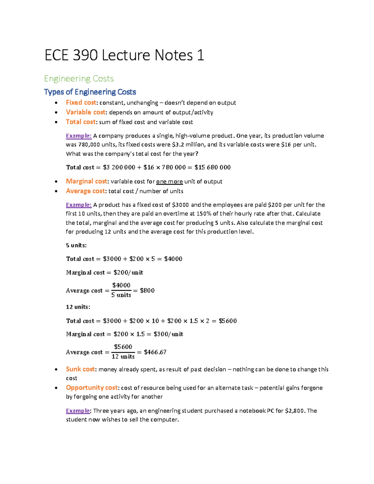 ECE390 Textbook Notes - ECE 390 Lecture Notes 1 Engineering Costs Types ...