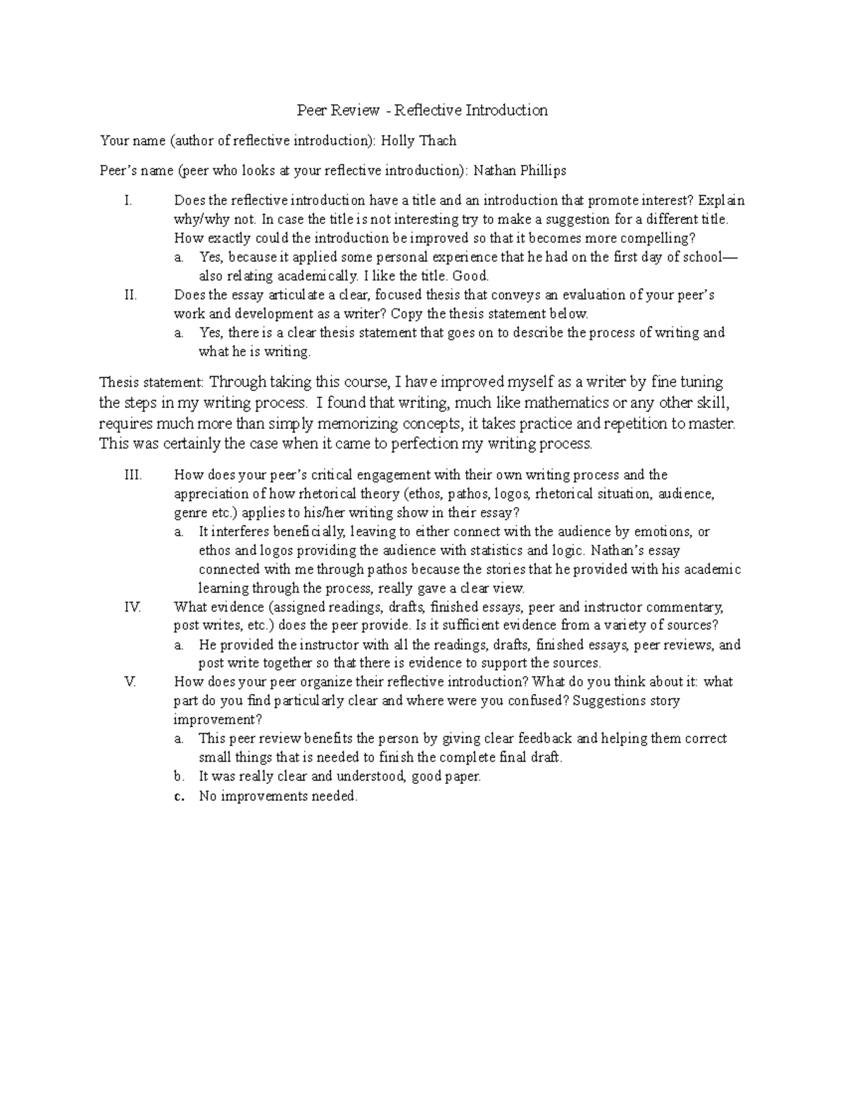 PEER peer review Peer Review Reflective Introduction Your name