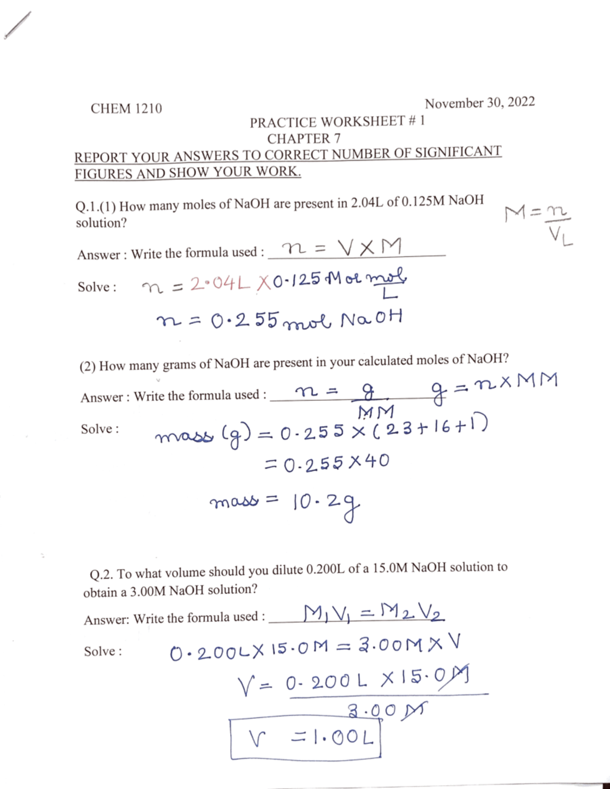 Practice Worksheet - CHEM.1210 - Studocu