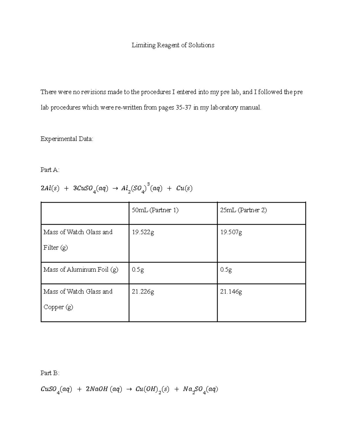 Lab Report Limiting Reagent of Solutions Limiting Reagent of