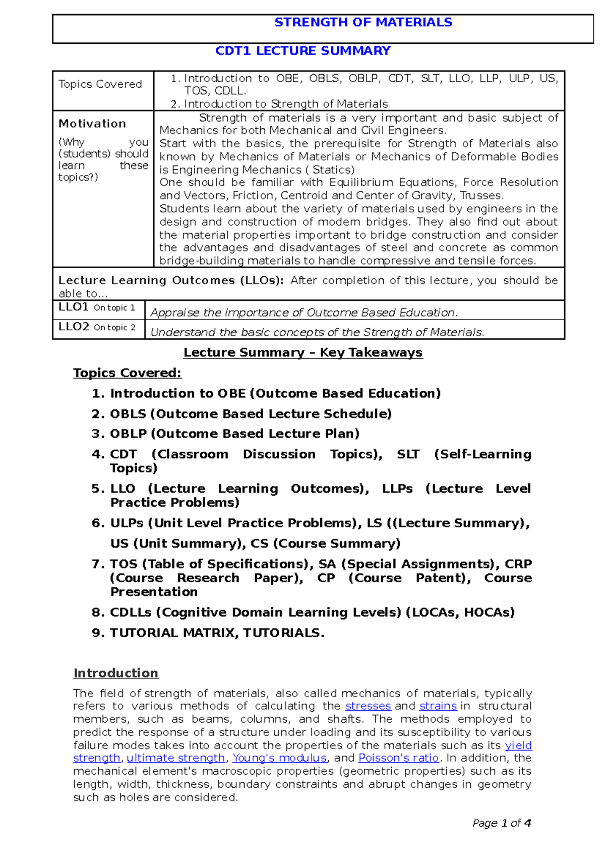 Indroduction of strength of materials - CDT1 LECTURE SUMMARY Topics ...