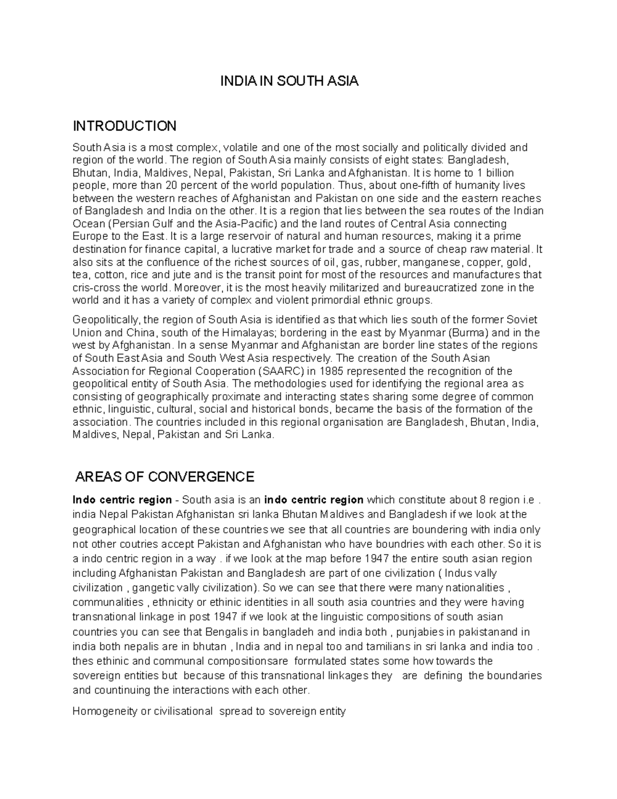 India in south asia - sem 5 - INDIA IN SOUTH ASIA INTRODUCTION South ...