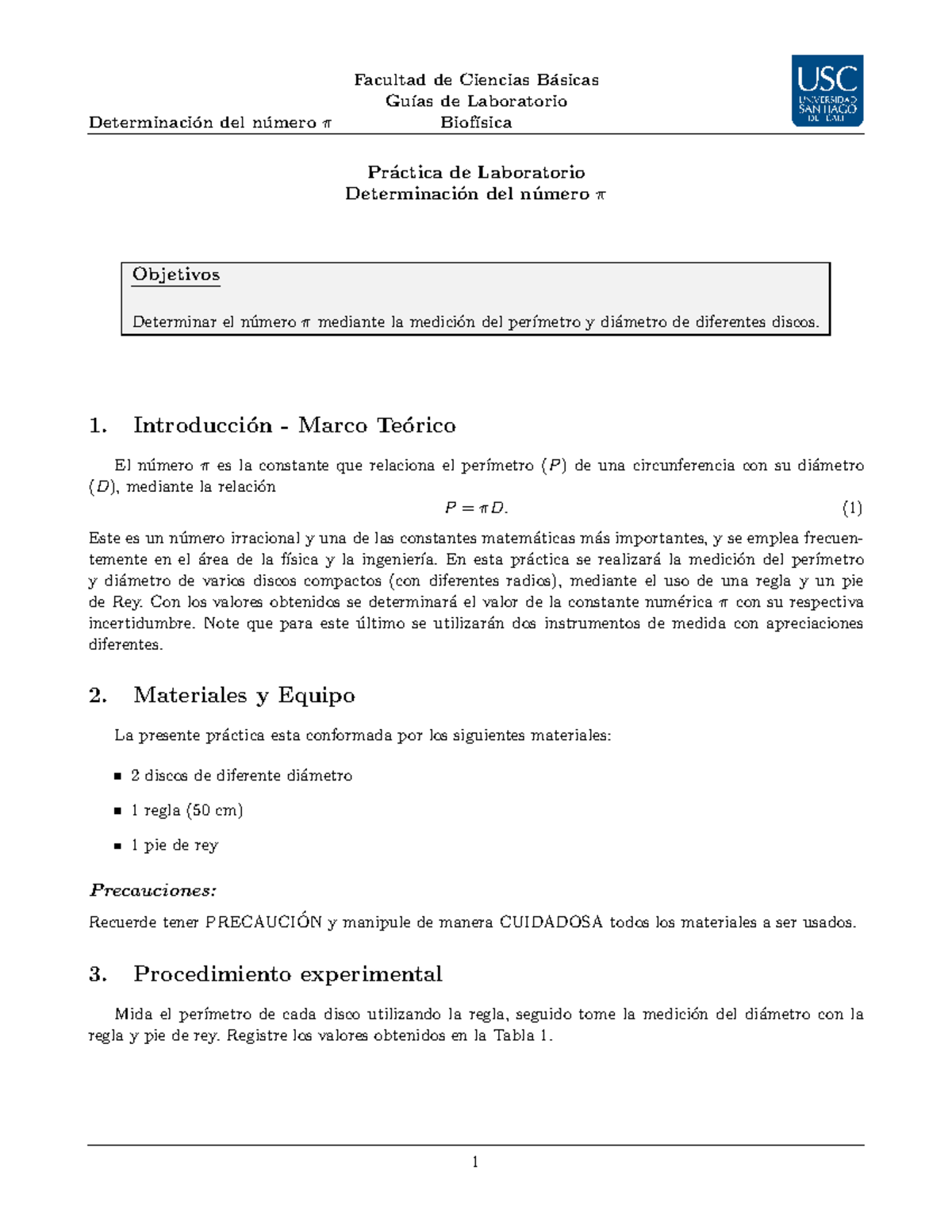 Guia No. 2 - Determinacion De Pi - Determinaci ́on Del N ́umero π ...